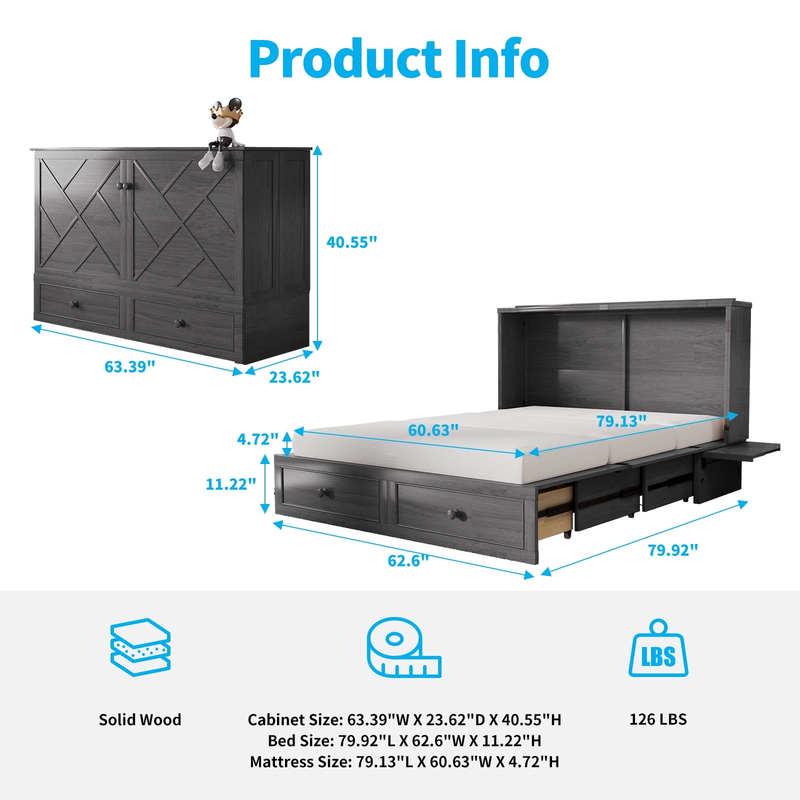 Puremind Queen Size Murphy Bed with Mattress, Murphy Cube Cabinet Bed with USB Charging Station and Large Storage Drawer, Murphy Chest Bed for Small Guest Room/Home/Office,