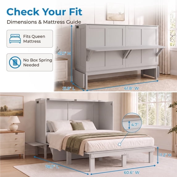 Mjkone Murphy Bed Full with Desk,Space-Saving Cabinet Bed with Desk and Shelves,Multifunctional Murphy Bed with Mattress