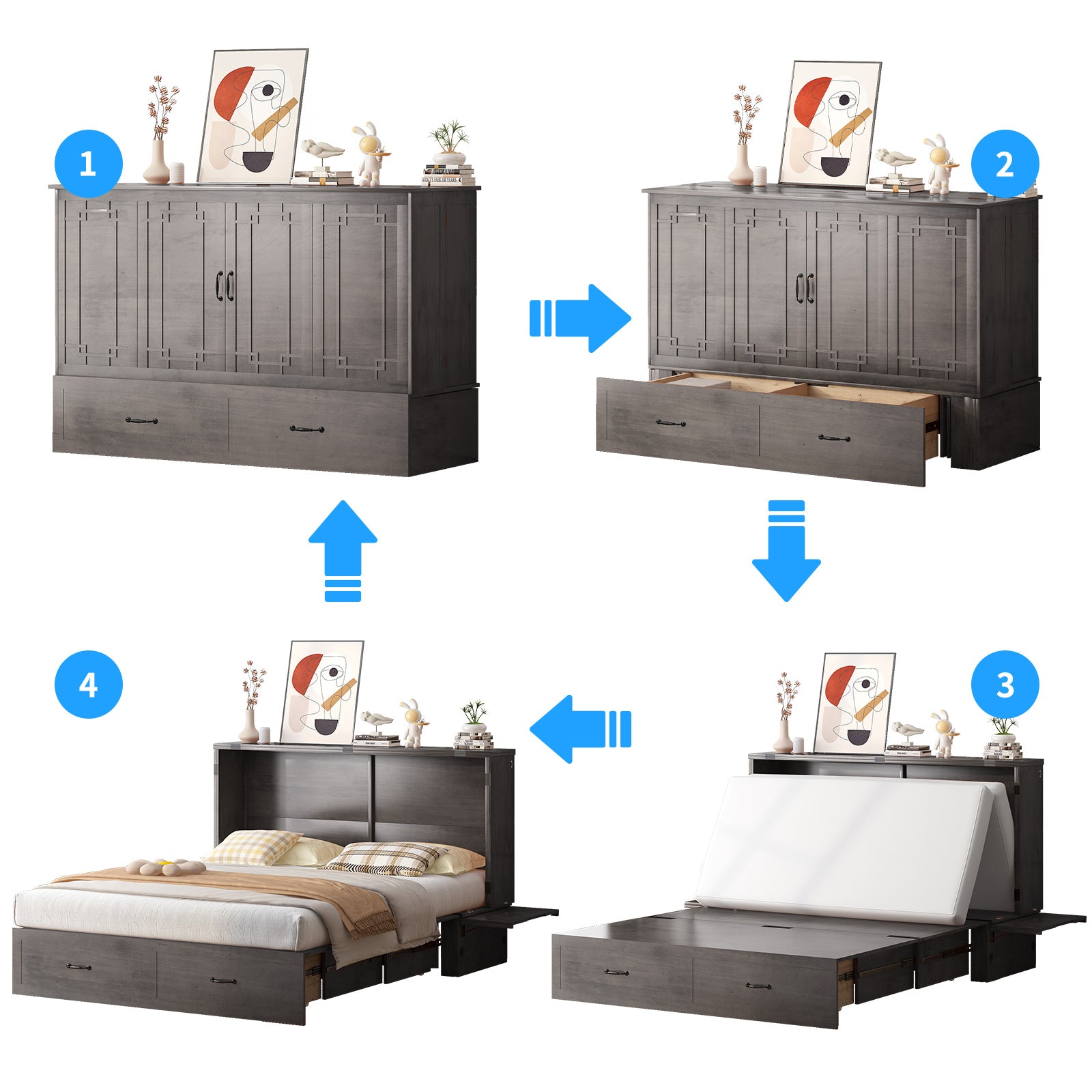 Puremind Queen Murphy Bed with Foam Mattress | Charging Station | Drawer, Foldable Cabinet Bed, Space-Saving Bed for Bedroom/Studio/Guest Room