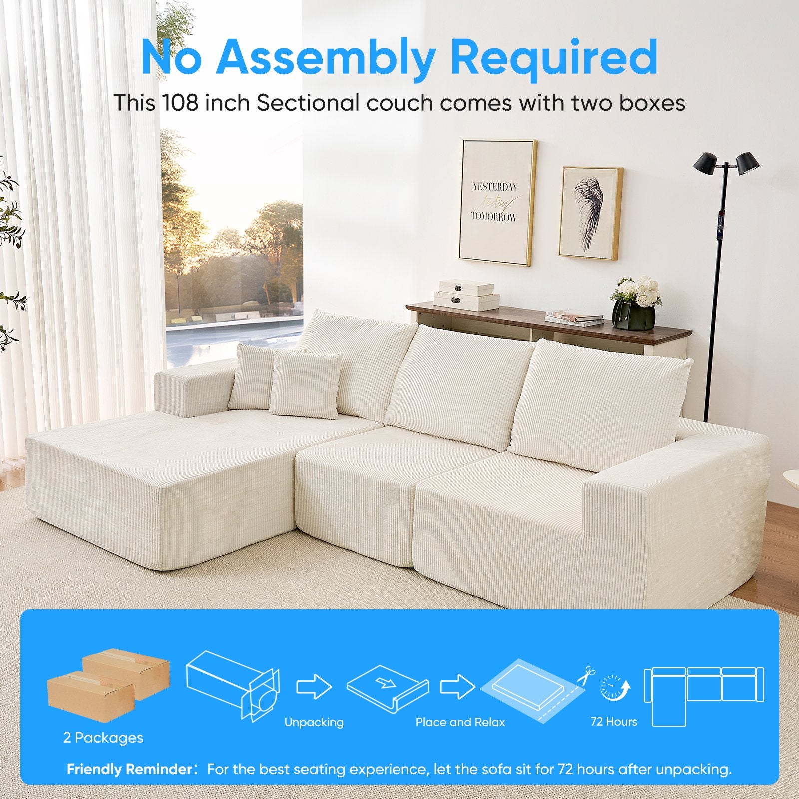 ZAFLY 108" Cloud Sectional Sofa, Modular Corduroy Deep Seat Couch, L Shaped Couches for Living Room, No Assembly Required - Black