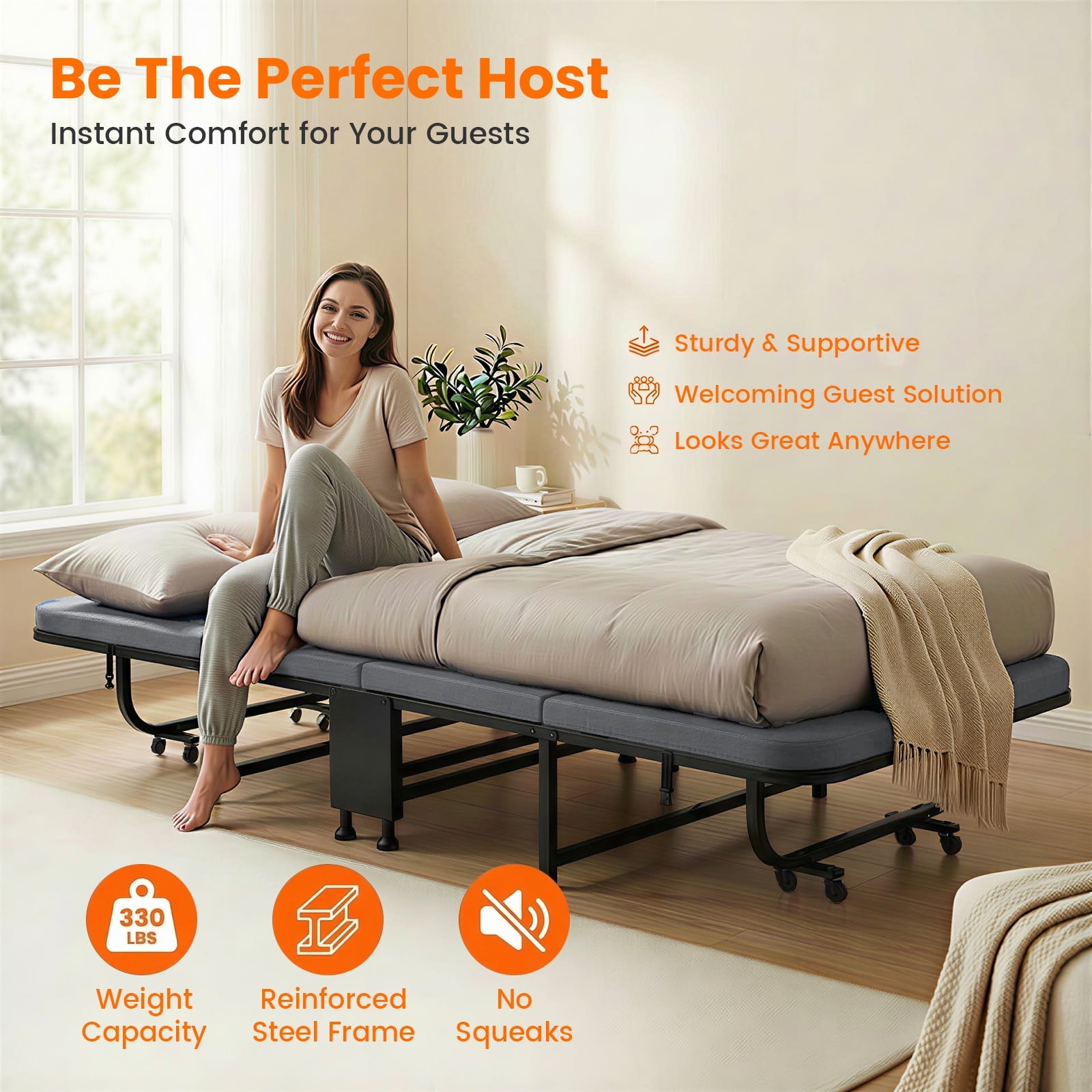 Mjkone Folding Bed with Mattress,Rollaway Folding Bed for Adults,Foldable Bed with Lockable Wheels for Small Space