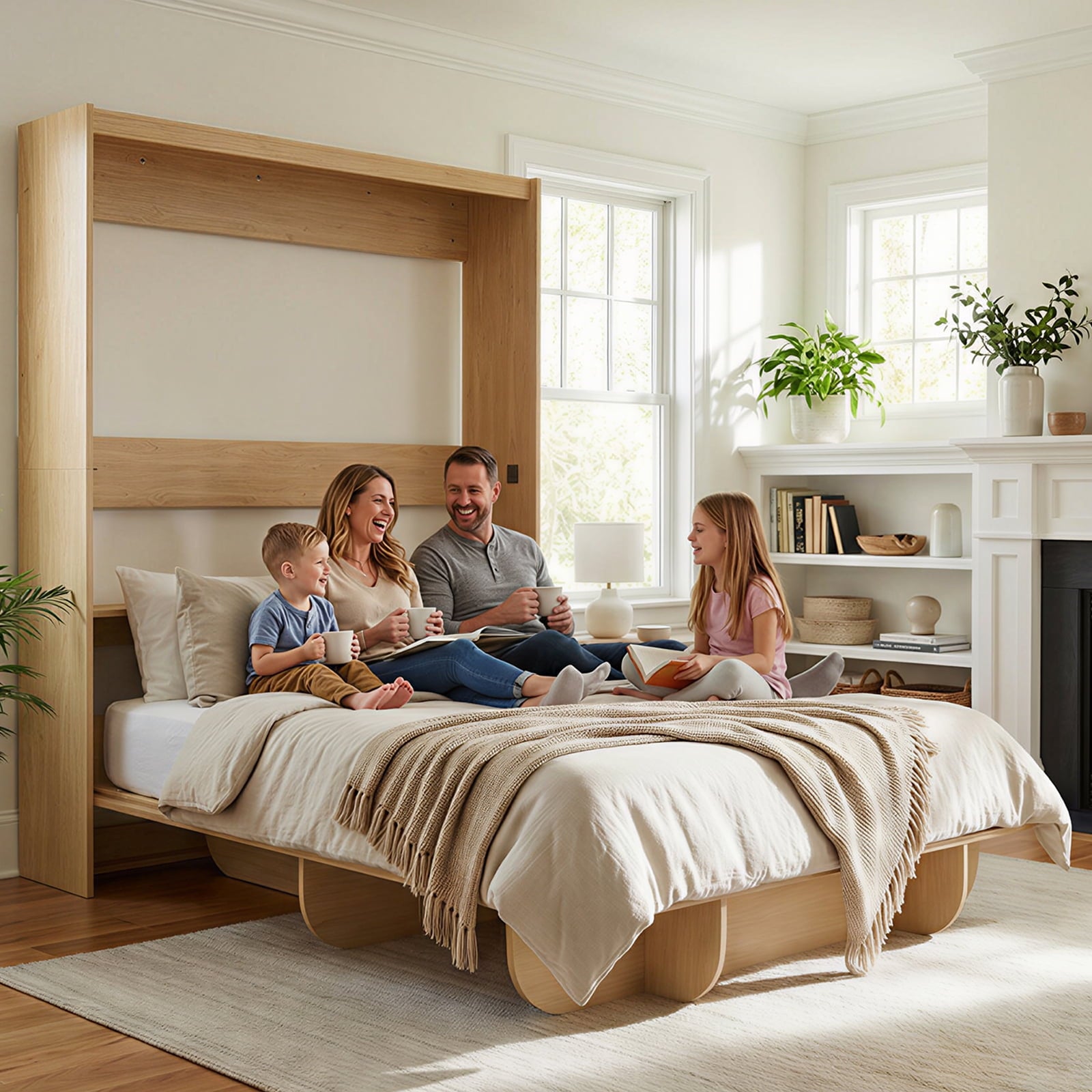 Mjkone Murphy Wall Bed Queen Size,Wall Bed with Shelves,Multifunctional Murphy Bed for Small Space/Bedroom/Guest Room,White