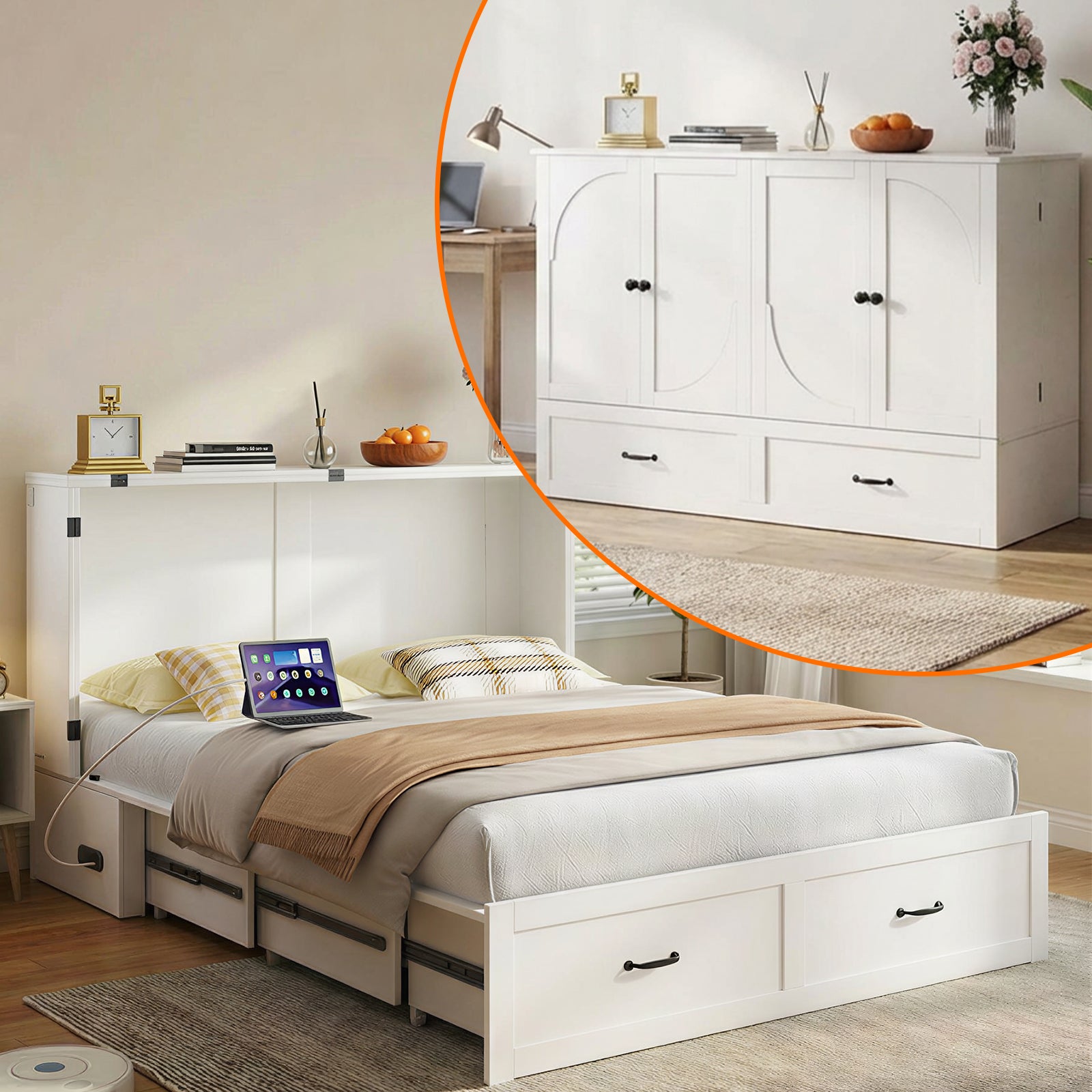 Puremind Queen Size Murphy Bed with Foldable Mattress, Cabinet Bed with Storage Drawer and Charging Ports, Murphy Bed Furniture for Bedroom/Office,