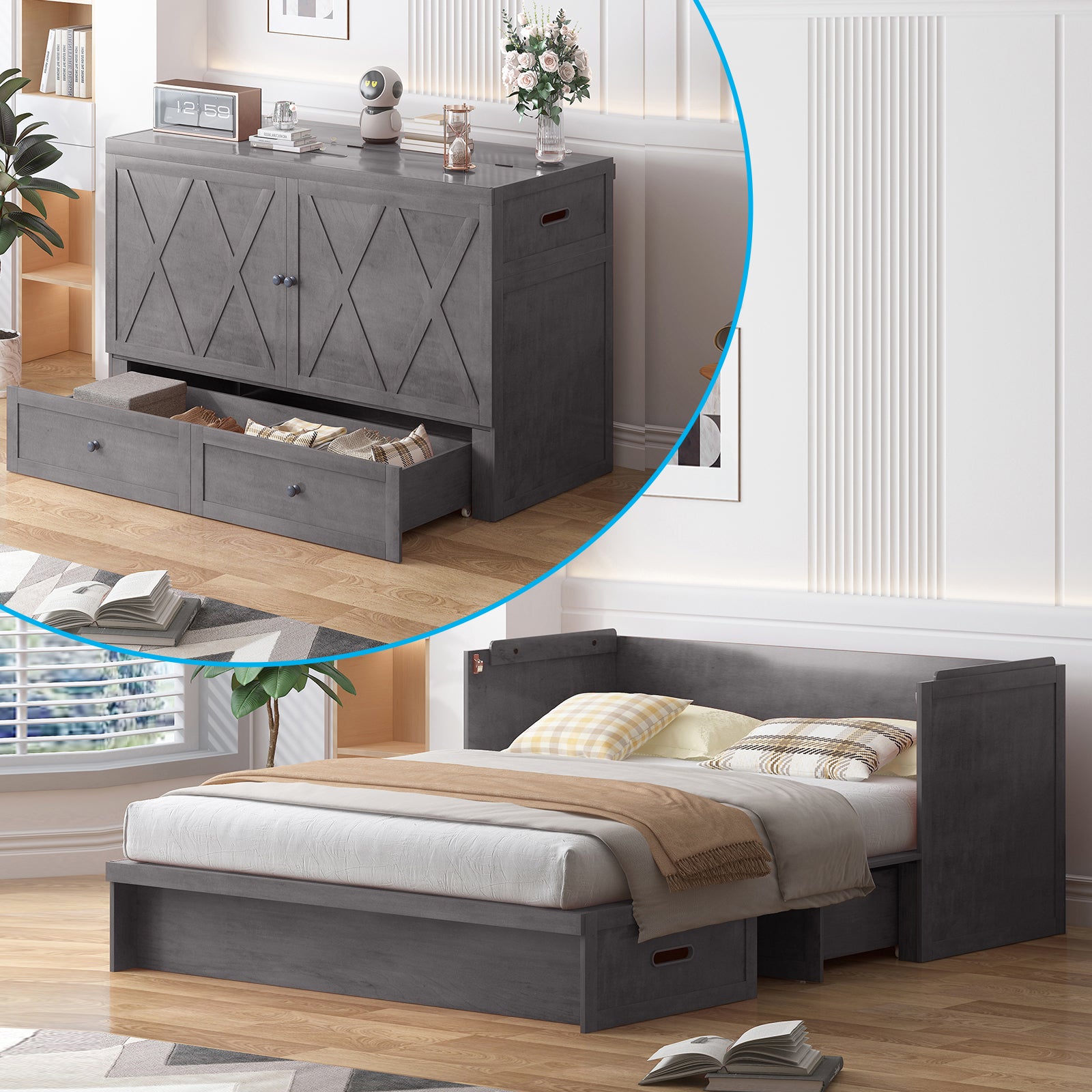 Puremind Queen Size Murphy Bed with Mattress, Murphy Cube Cabinet Bed with USB Charging Station and Large Storage Drawer, Murphy Chest Bed for Guest Room/Home/Office