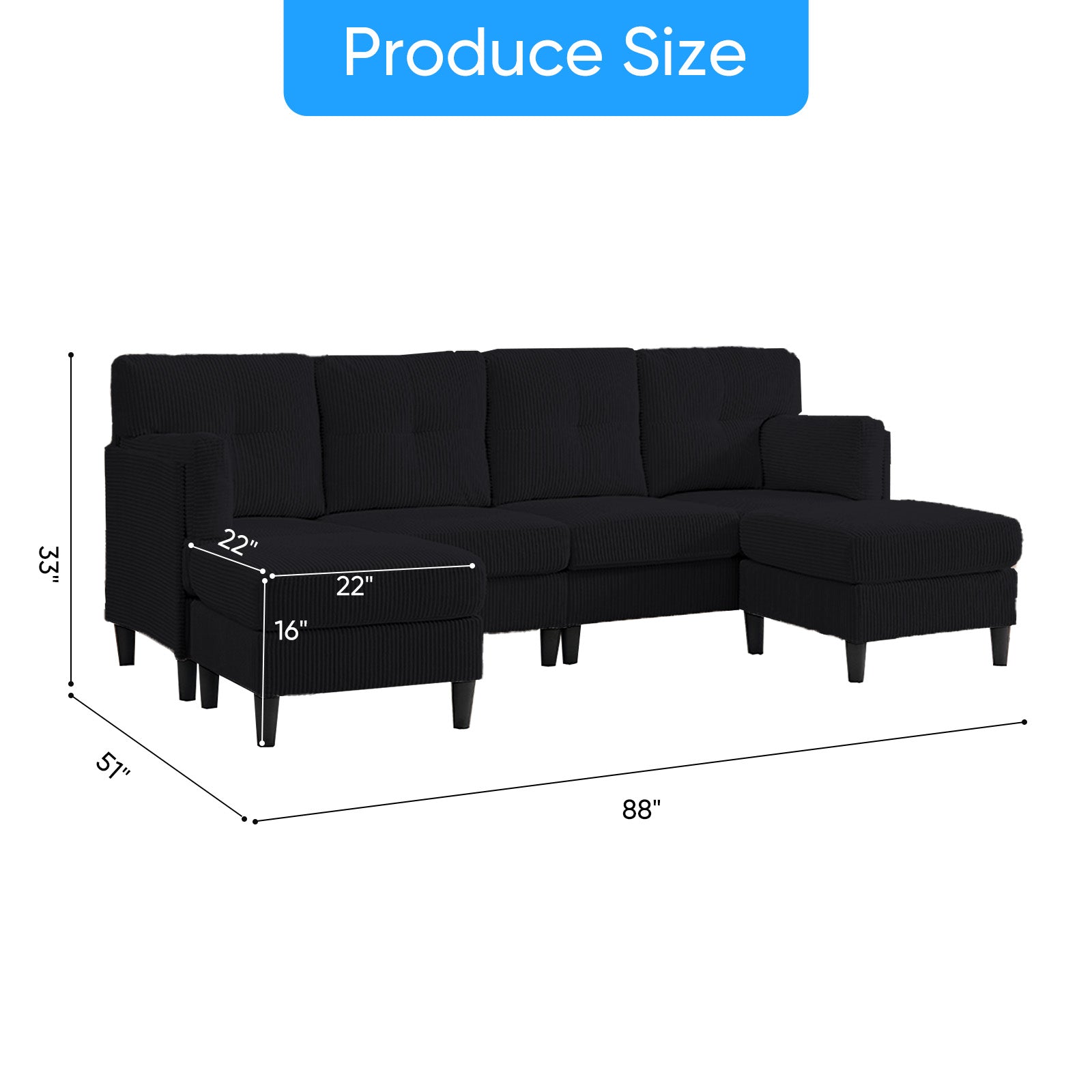 Puremind U Shaped Sofa with 2 Movable Ottomans, Corduroy Modular Sectional Couch for Living Room/Apartment