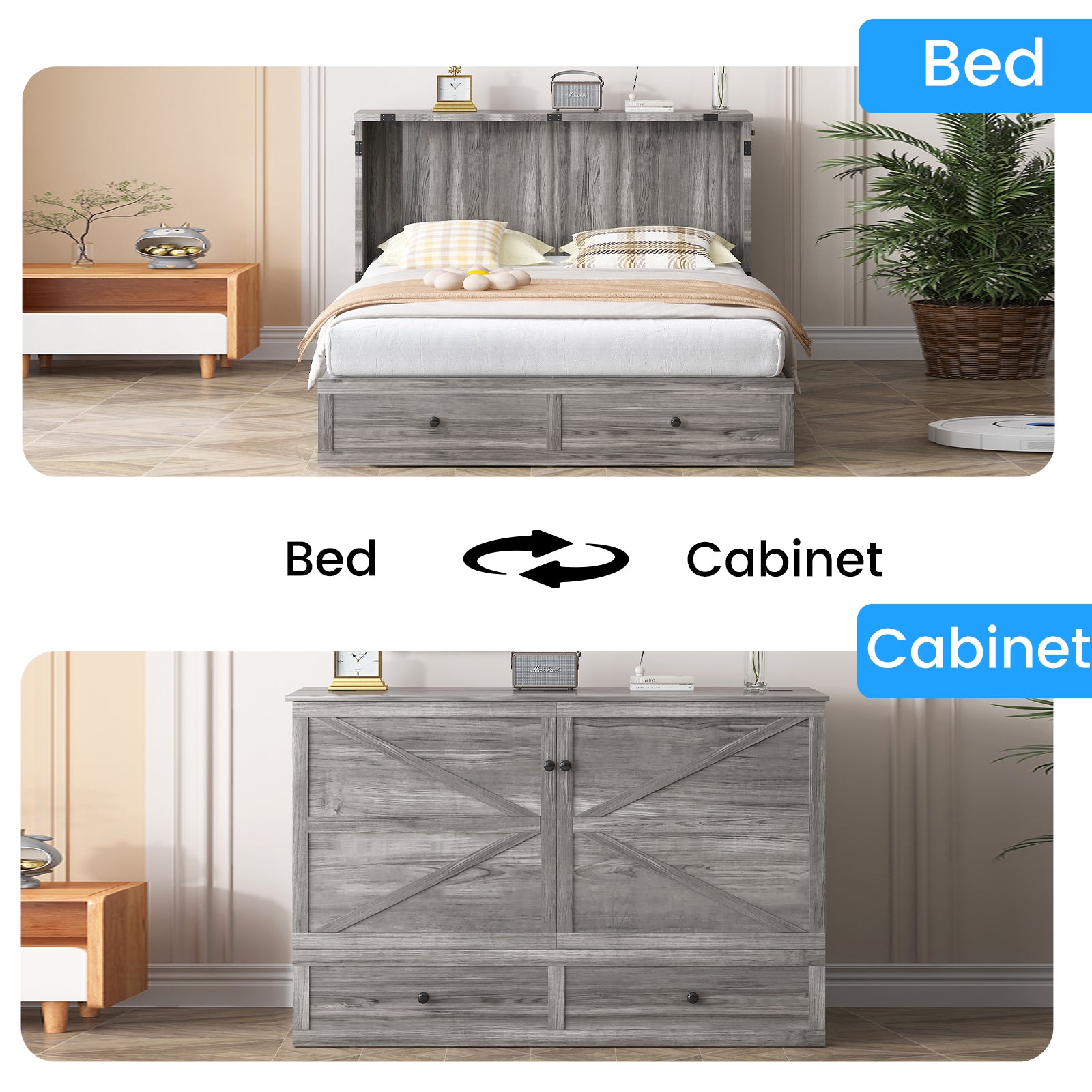 Puremind Queen Size Murphy Bed with Mattress, Murphy Cube Cabinet Bed with USB Charging Station and Large Storage Drawer, Murphy Chest Bed for Guest Room/Home/Office