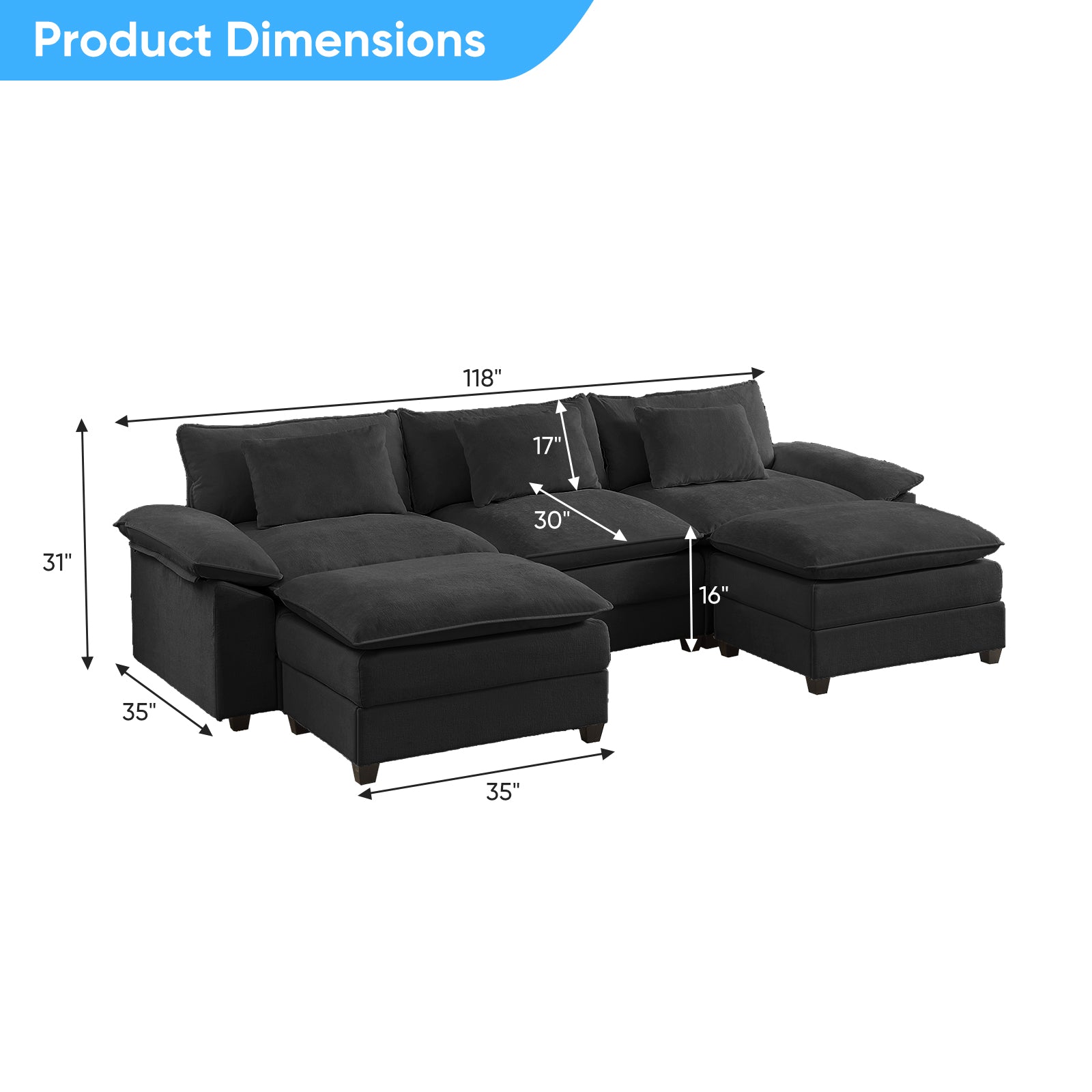 Puremind 118" Oversized Modular Sectional Sofa, Chenille U Shaped Cloud Couch, 30" Deep Seat Couch with Movable Ottomans for Living Room/Apartment