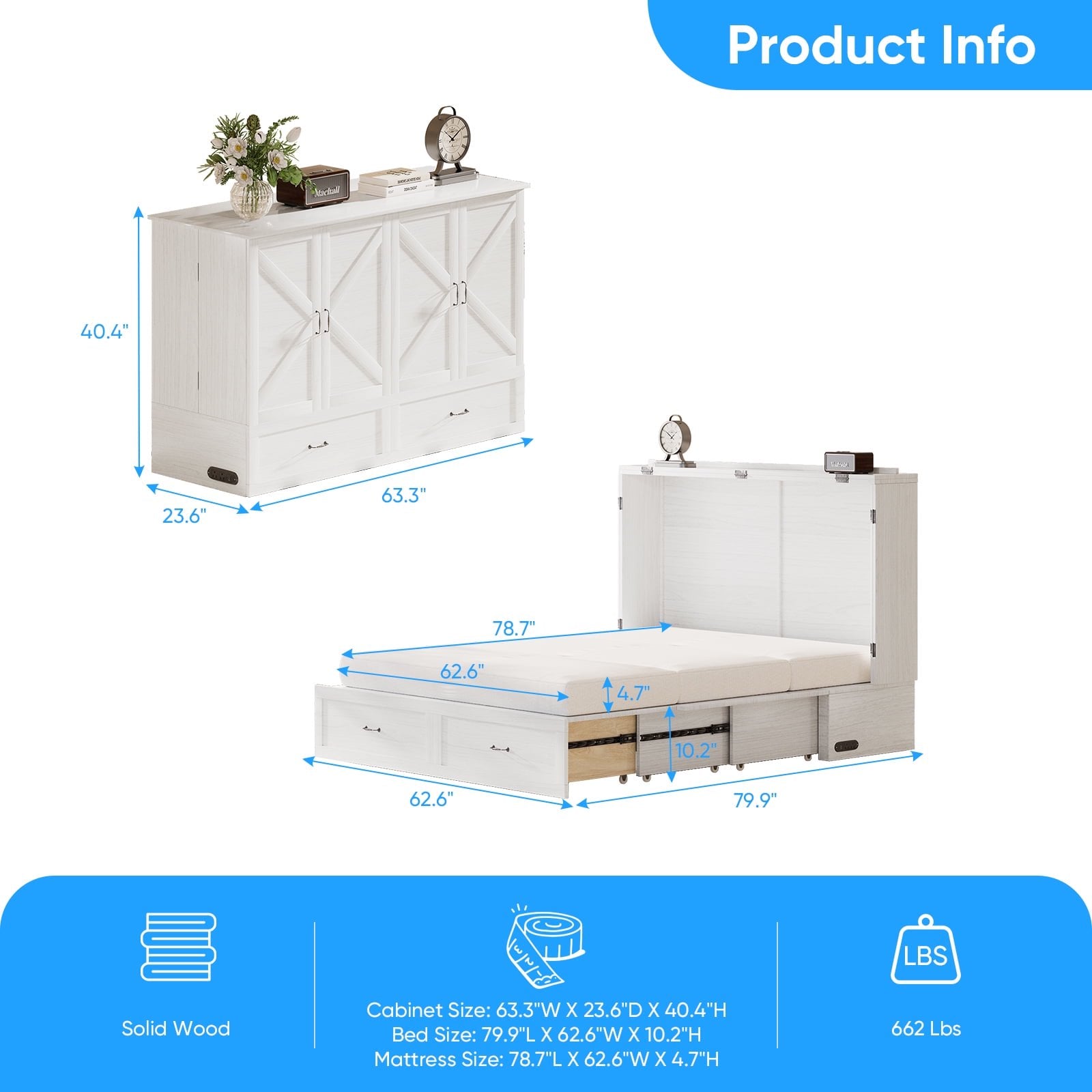 Puremind Queen Size Murphy Bed with Foldable Mattress, Cabinet Bed with Storage Drawer and Charging Ports, Murphy Bed Furniture for Bedroom/Office,