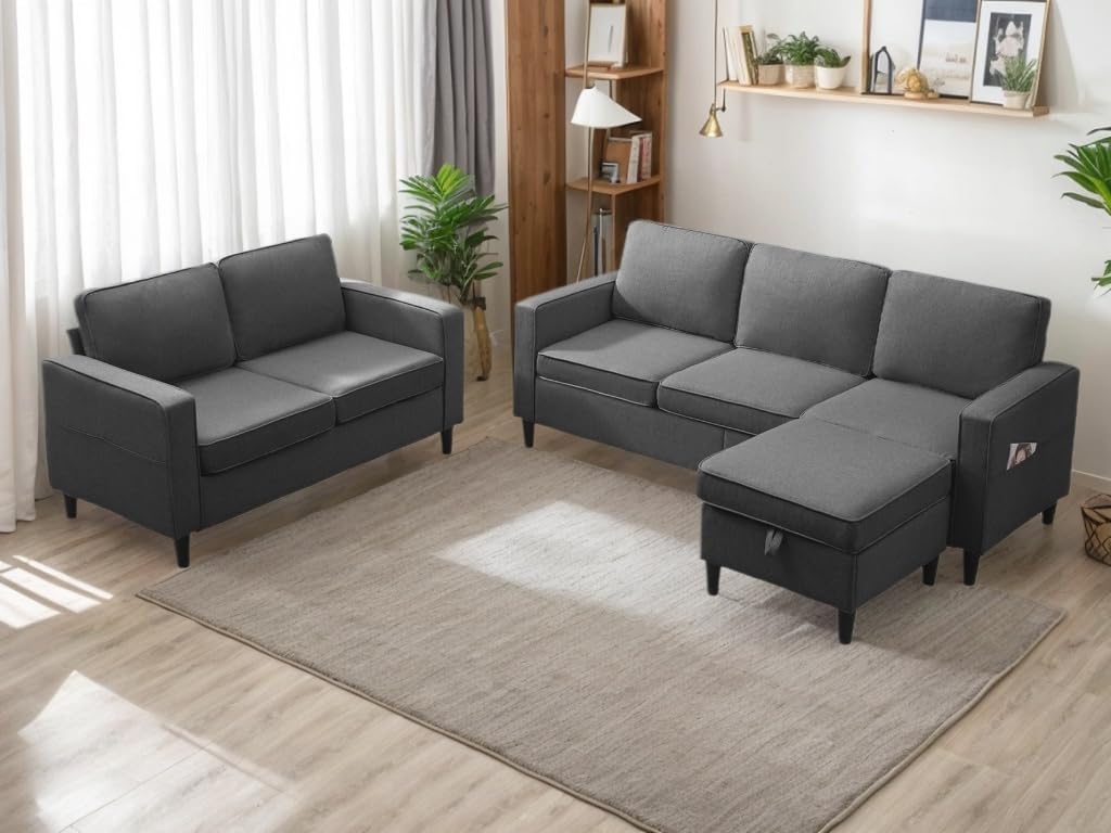 Puremind Sofa Set with Storage Ottoman, Living Room Furniture Sets, Linen Sectional Couch Sets for Living Room/Apartment
