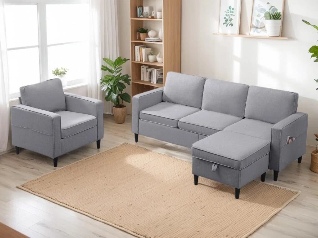 Puremind Sofa Set with Storage Ottoman, Living Room Furniture Sets, Linen Sectional Couch Sets for Living Room/Apartment