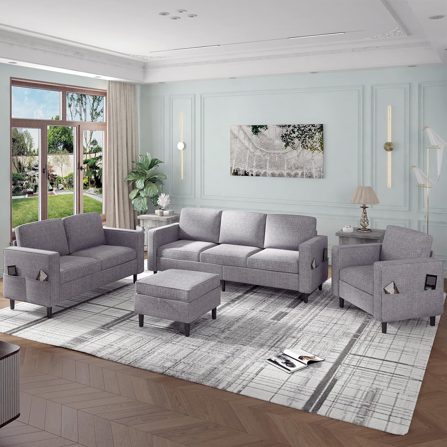 Puremind Sofa Set with Storage Ottoman, Living Room Furniture Sets, Linen Sectional Couch Sets for Living Room/Apartment