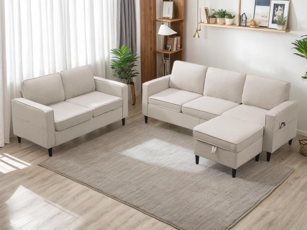 Puremind Sofa Set with Storage Ottoman, Living Room Furniture Sets, Linen Sectional Couch Sets for Living Room/Apartment