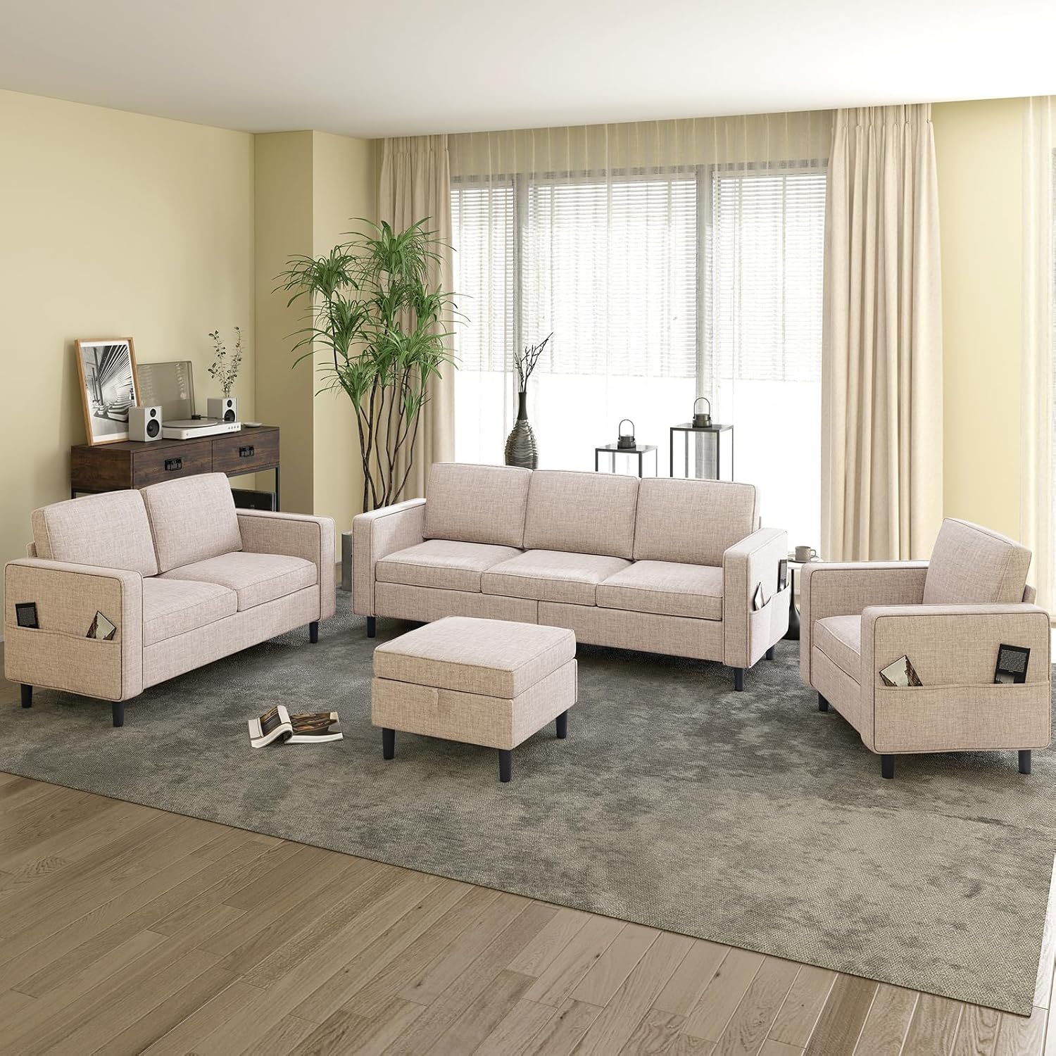 Puremind Sofa Set with Storage Ottoman, Living Room Furniture Sets, Linen Sectional Couch Sets for Living Room/Apartment