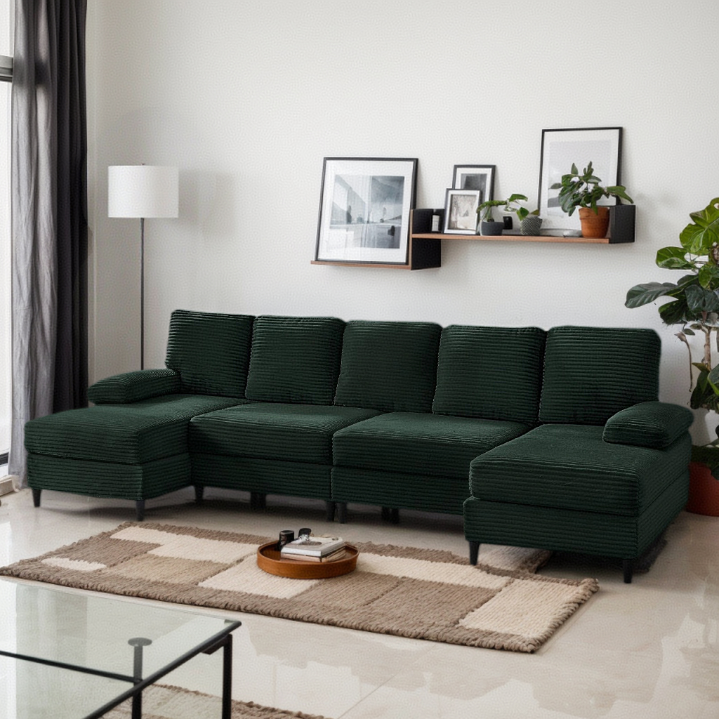 Puremind U-Shaped Sectional Sofa, 112"W Corduroy Couch, 4 Seat Lounge Sleeper Sofa with Double Chaise for Living Room/Apartment