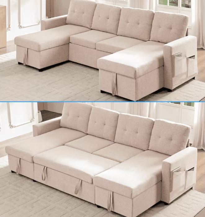 Puremind 103" Pull Out Sofa Bed with Double Storage Chaise, Corduroy U Shaped Convertible Sectional Sleeper Sofa for Living Room