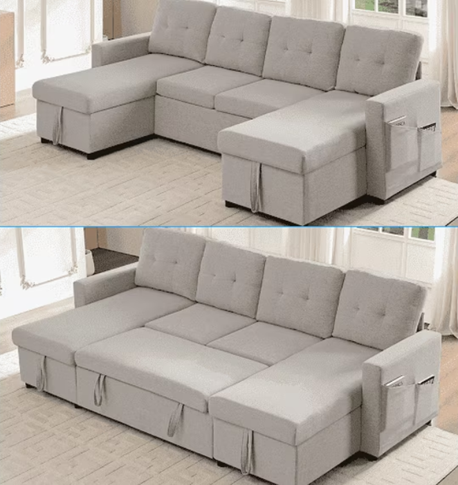 Puremind 103" Pull Out Sofa Bed with Double Storage Chaise, Corduroy U Shaped Convertible Sectional Sleeper Sofa for Living Room