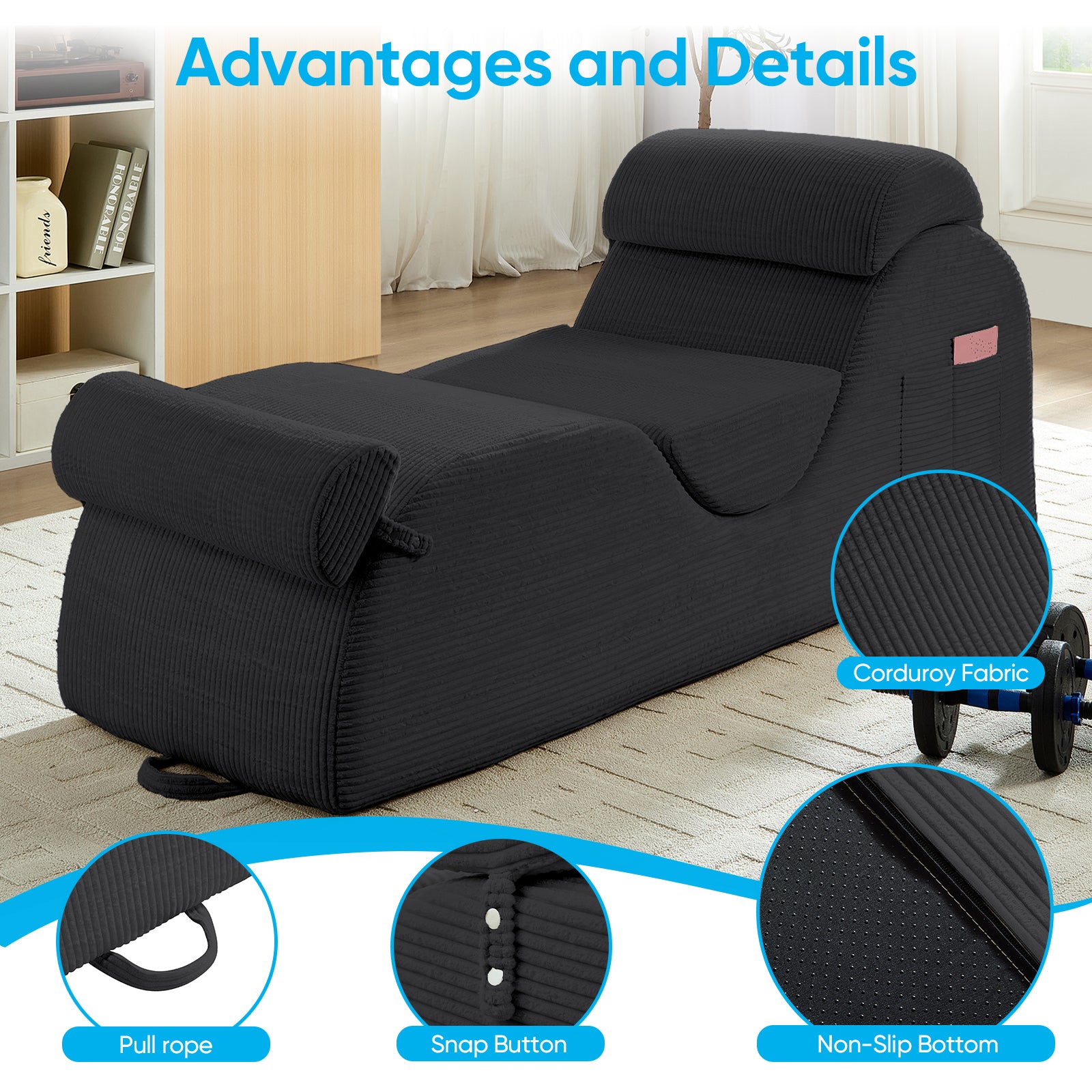 BALUS 68" Yoga Sofa With Three Pillows, Chaise Lounge Chair For Yoga,Corduroy,