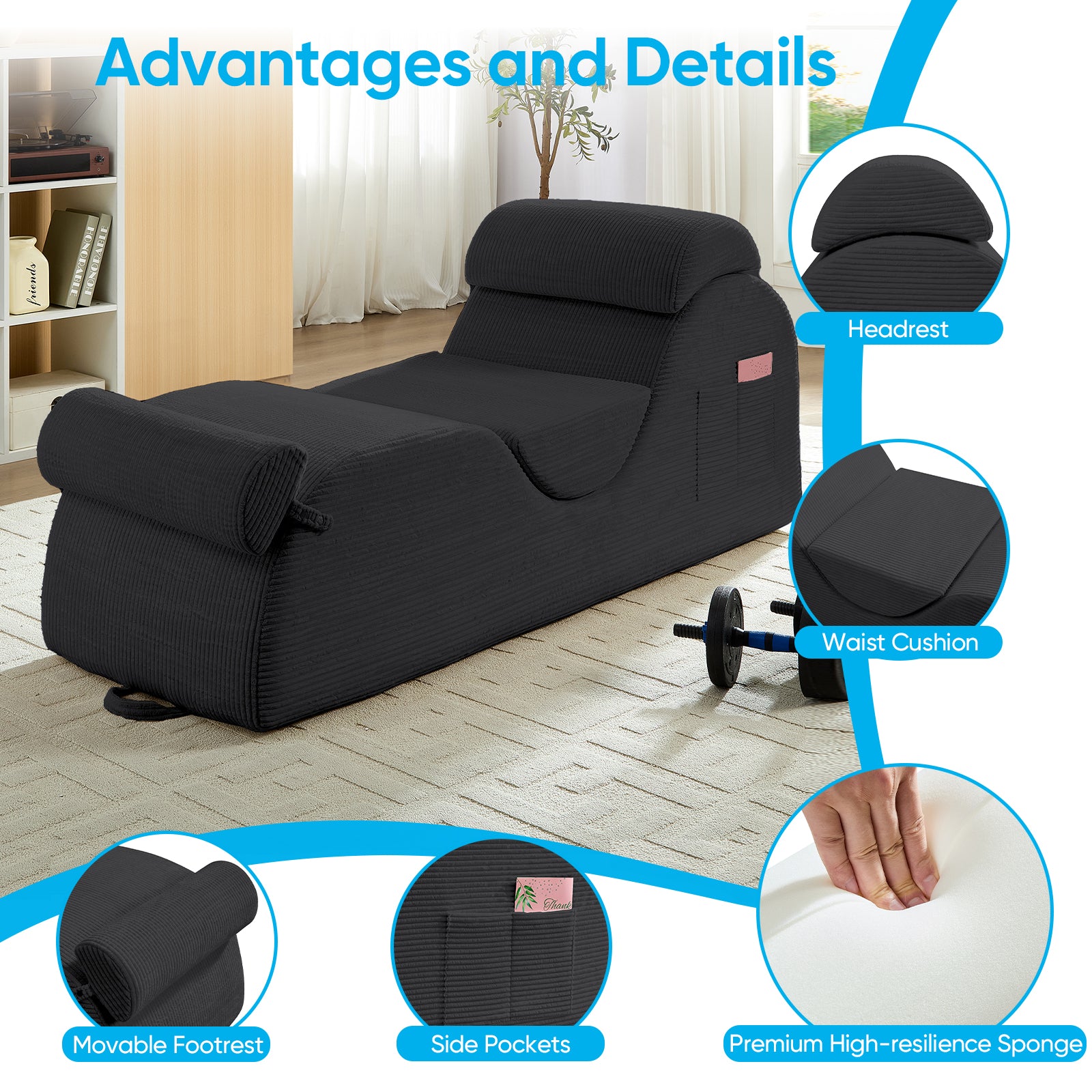 BALUS 68" Yoga Sofa With Three Pillows, Chaise Lounge Chair For Yoga,Corduroy,