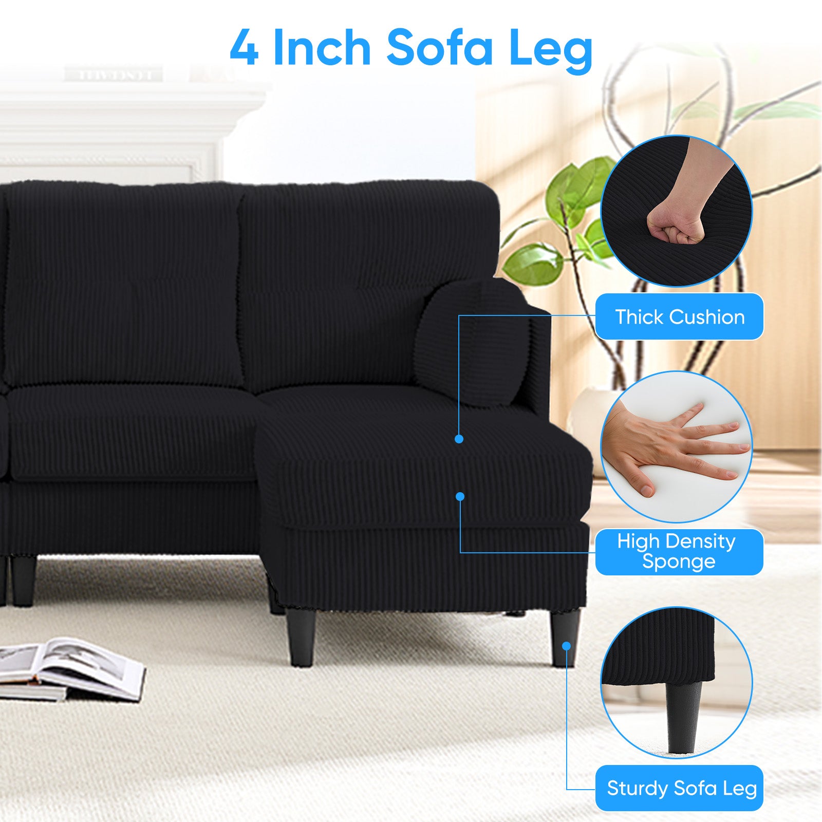 Puremind U Shaped Sofa with 2 Movable Ottomans, Corduroy Modular Sectional Couch for Living Room/Apartment