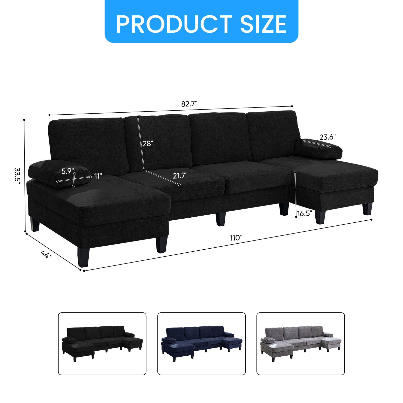 Puremind 110" U Shaped Sofa, Chenille Sectional Couch with Double Chaises, Modern 4 Seat Sofas and Couches for Living room/Apartment