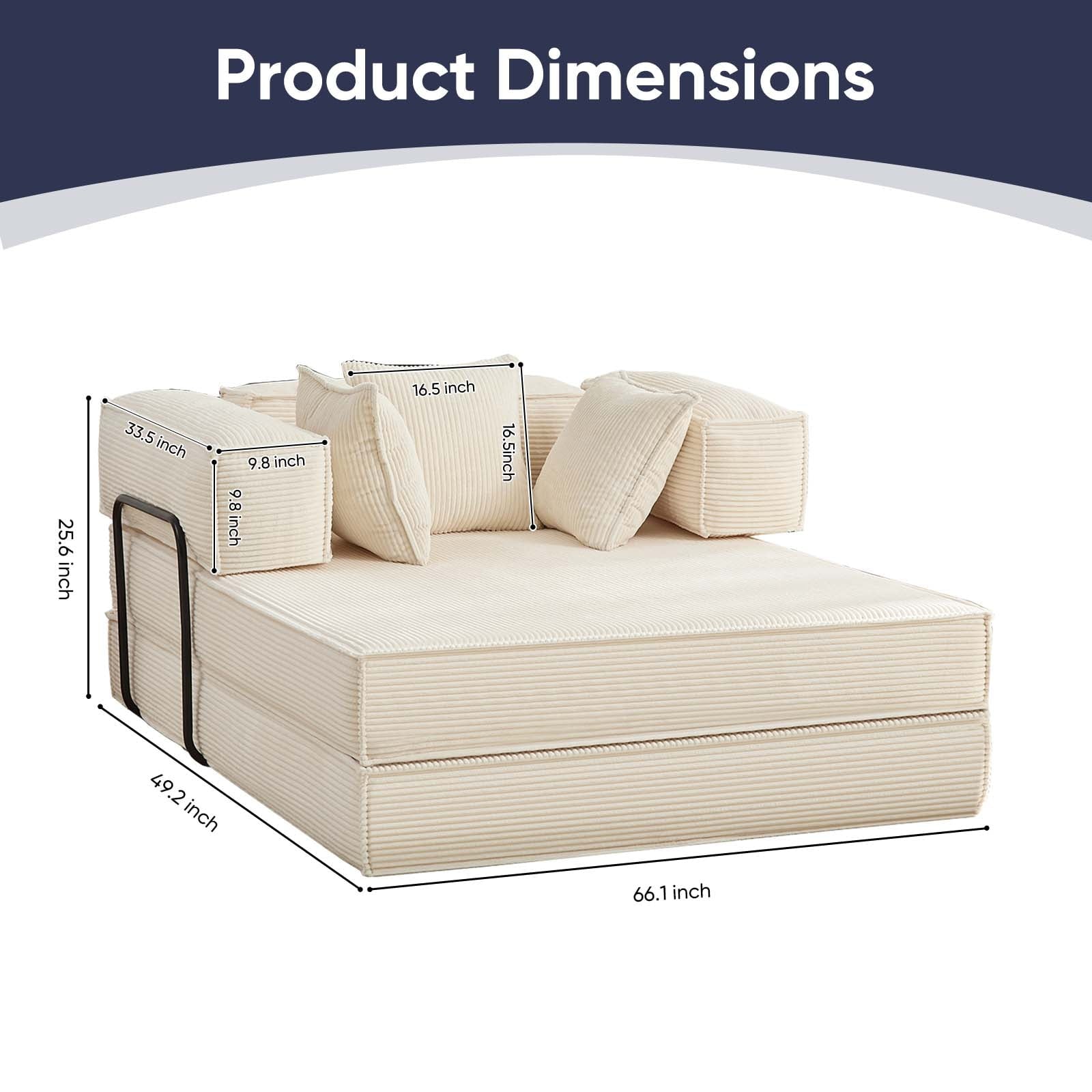 ZAFLY Convertible Sleeper Sofa Bed, Corduroy Boneless Couch with Removable Armrests, Floor Gaming Sofa for Living Room/Small Space