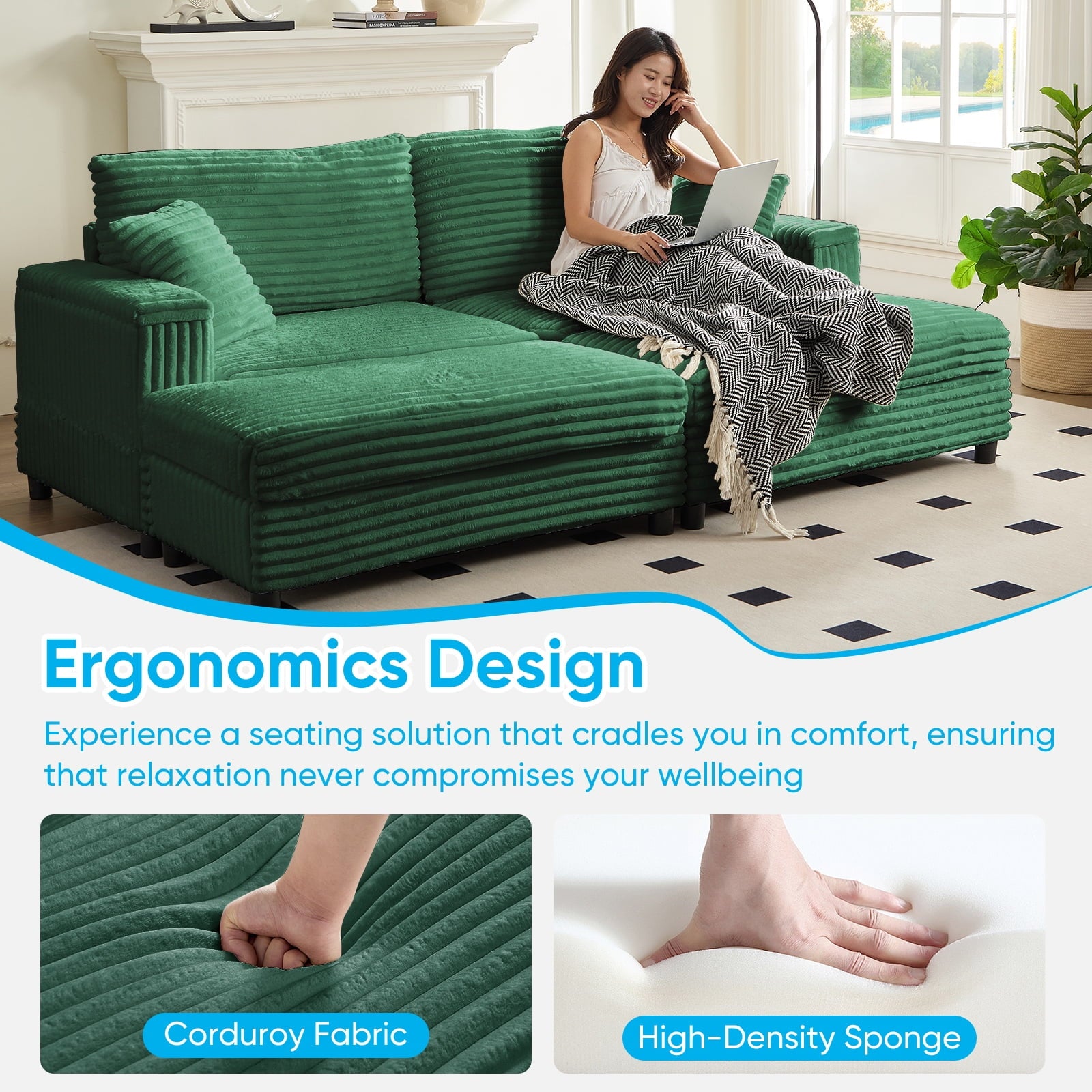 Mjkone 85’’ Loveseat Sectional Sofa with 2 Ottoman,Corduroy Deep Seat Couch with Storage Armrests Living Room Furniture,