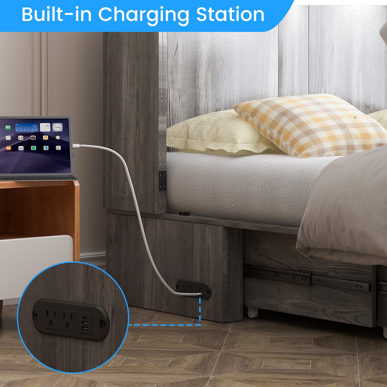 Puremind Queen Size Murphy Bed with Mattress, Murphy Cube Cabinet Bed with USB Charging Station and Large Storage Drawer, Murphy Chest Bed for Guest Room/Home/Office