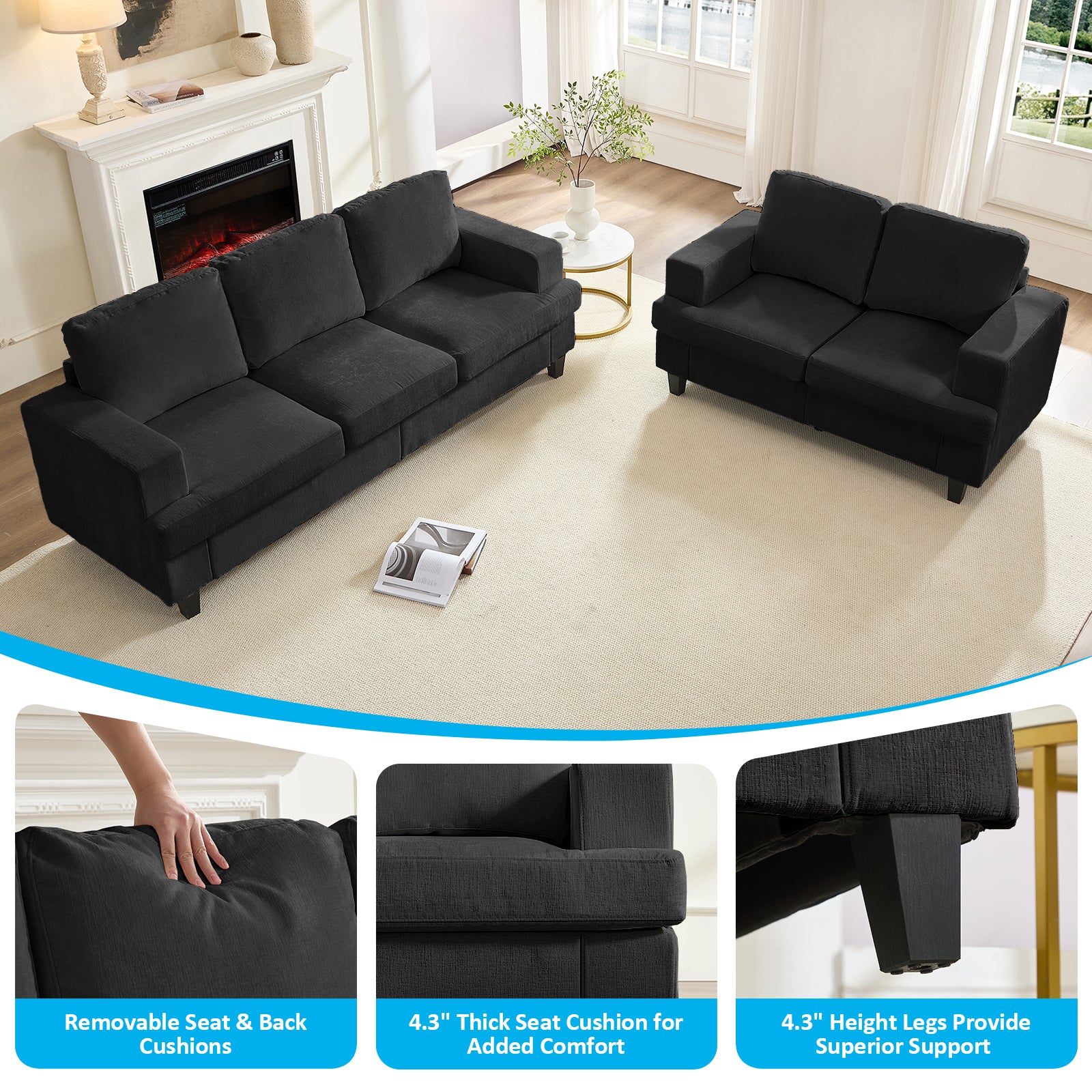 Puremind Sofa and Loveseat Set for Living Room, 2 Piece Sectional Sofa Set, Living Room Furniture Sets, Chenille Upholstered Sofa and Couch