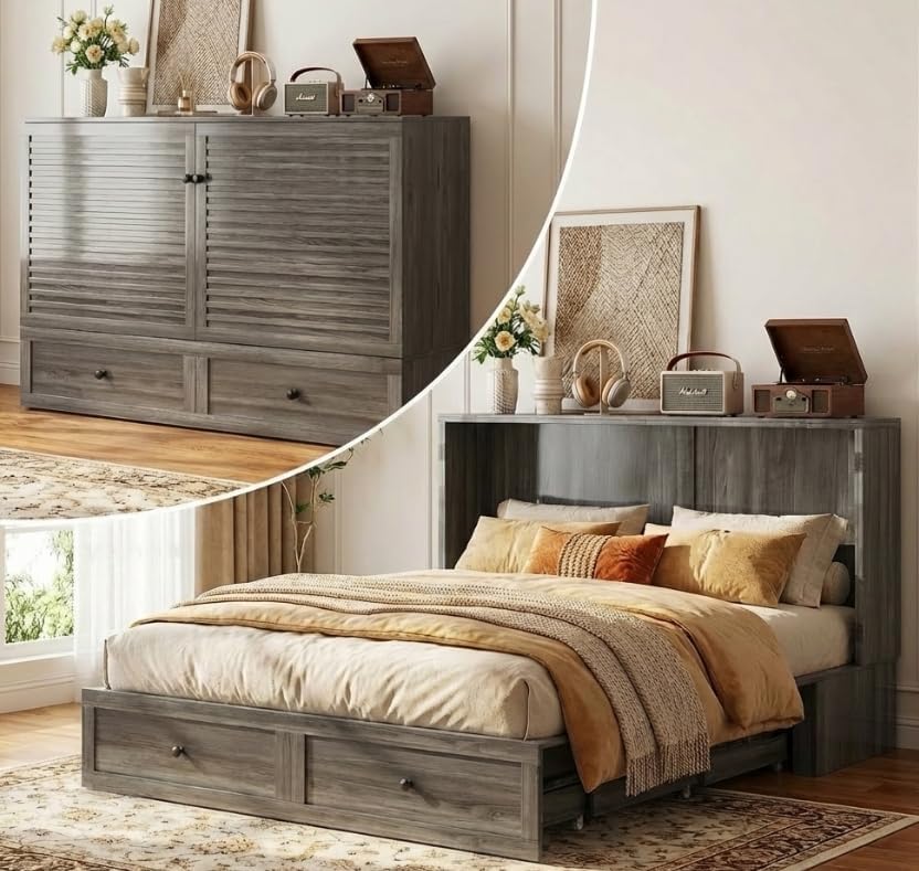 Puremind Queen Size Murphy Bed with Mattress, Murphy Cube Cabinet Bed with USB Charging Station and Storage Drawer, Murphy Chest Bed for Guest Room/Home/Office