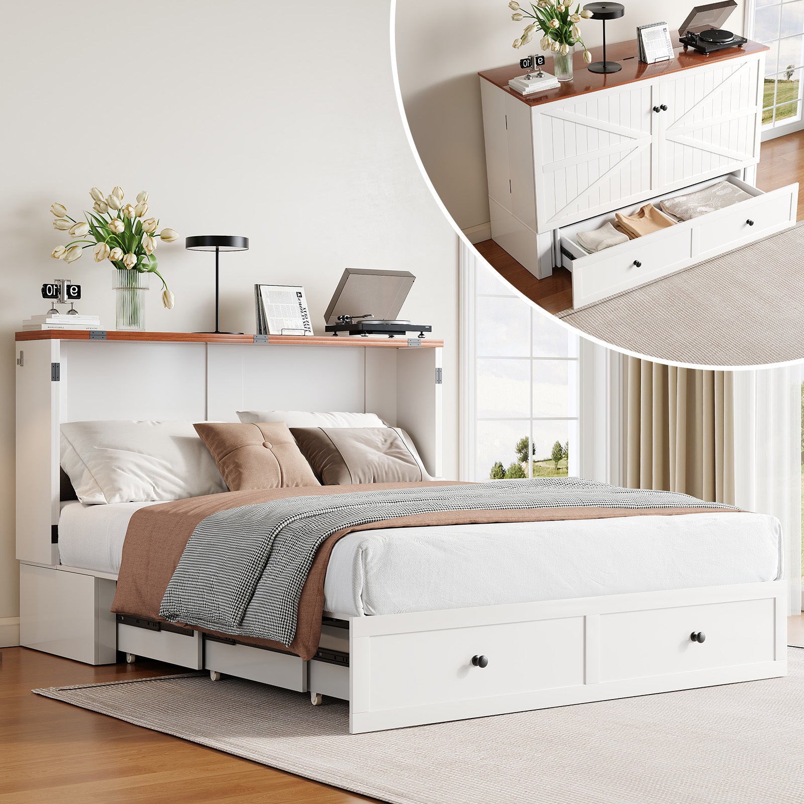 Puremind Queen Size Murphy Bed with Foldable Mattress, Cabinet Bed with Storage Drawer and Charging Ports, Murphy Bed Furniture for Bedroom/Office,