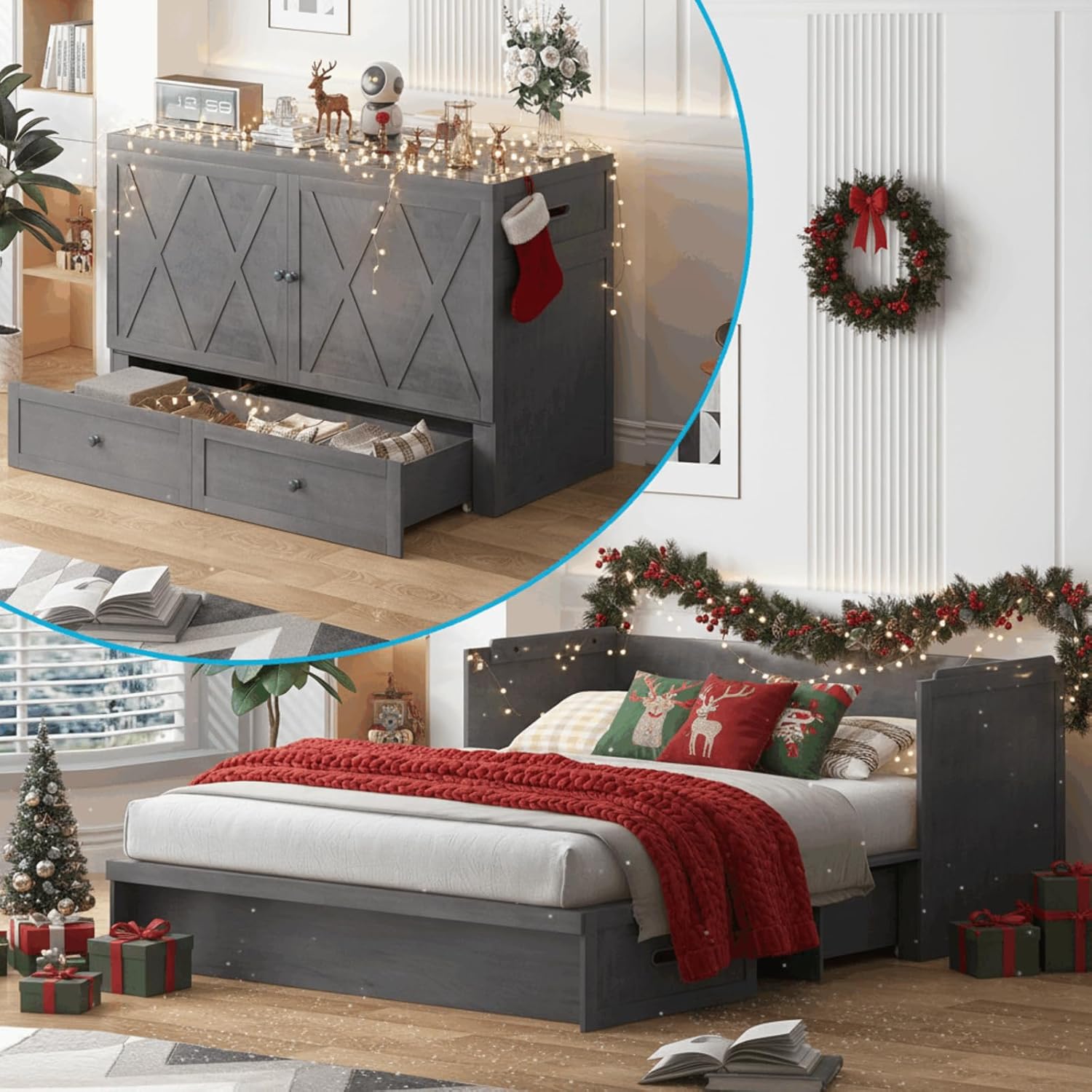 Puremind Queen Size Murphy Bed with Mattress, Murphy Cube Cabinet Bed with USB Charging Station and Large Storage Drawer, Murphy Chest Bed for Guest Room/Home/Office