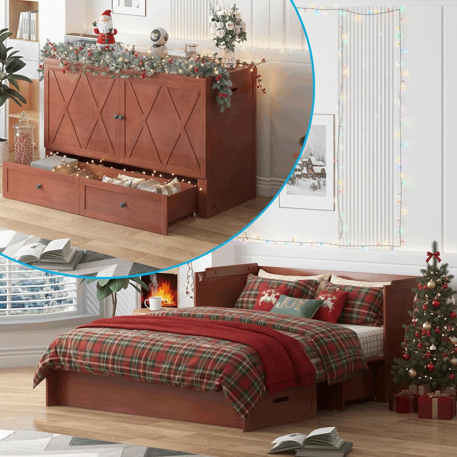 Puremind Queen Size Murphy Bed with Mattress, Murphy Cube Cabinet Bed with USB Charging Station and Large Storage Drawer, Murphy Chest Bed for Guest Room/Home/Office