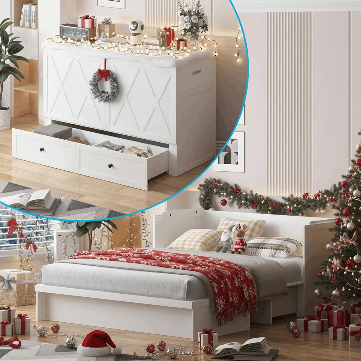 Puremind Queen Size Murphy Bed with Mattress, Murphy Cube Cabinet Bed with USB Charging Station and Large Storage Drawer, Murphy Chest Bed for Guest Room/Home/Office