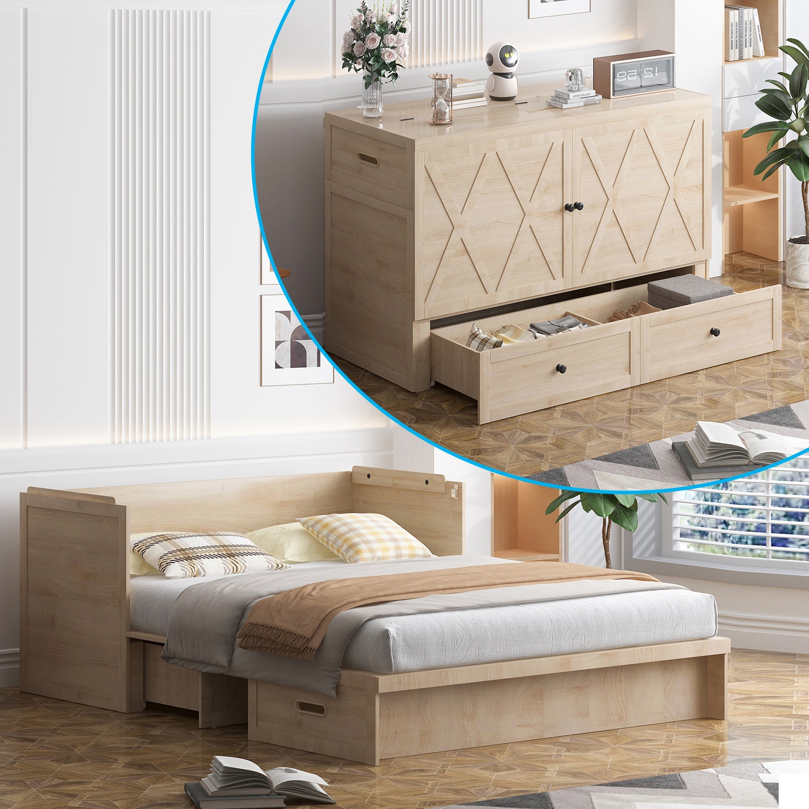 Puremind Queen Size Murphy Bed with Mattress Included, Cabinet Bed with USB Charging Ports and Drawer for Guest Room/Home/Office