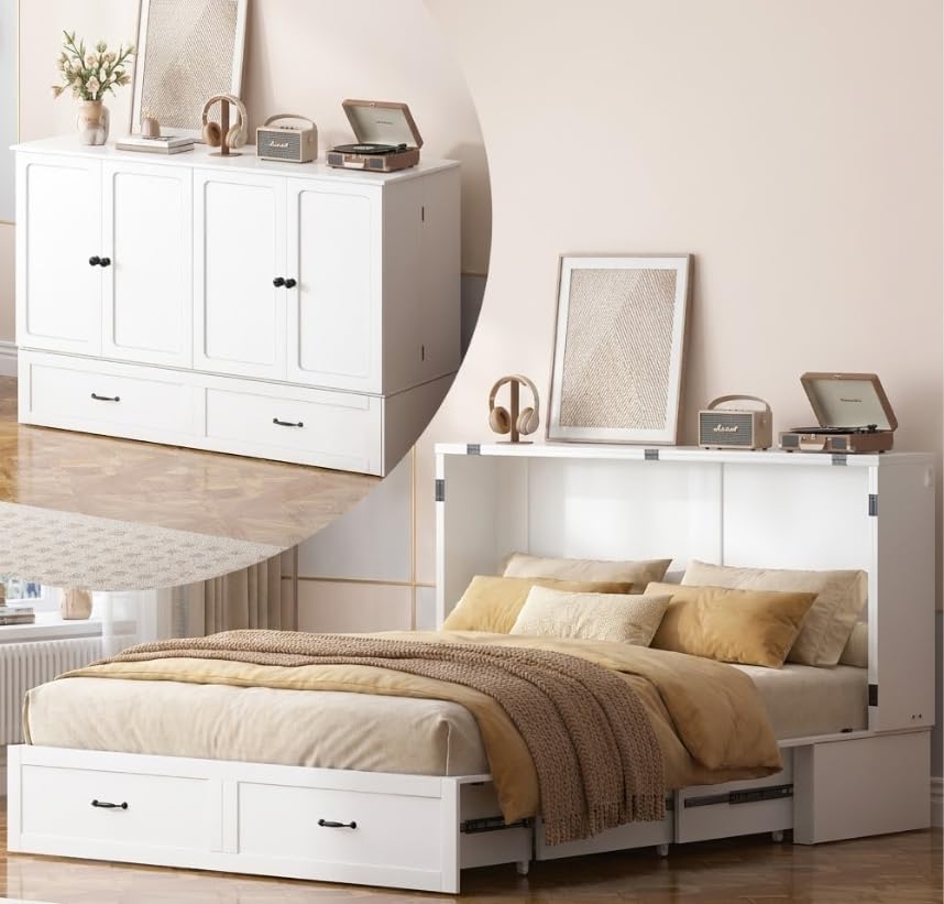 Puremind Queen Size Murphy Bed with Mattress, Murphy Cube Cabinet Bed with USB Charging Station and Storage Drawer, Murphy Chest Bed for Guest Room/Home/Office