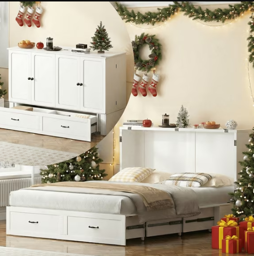 Puremind Queen Size Murphy Bed with Foldable Mattress, Cabinet Bed with Storage Drawer and Charging Ports, Murphy Bed Furniture for Bedroom/Office,