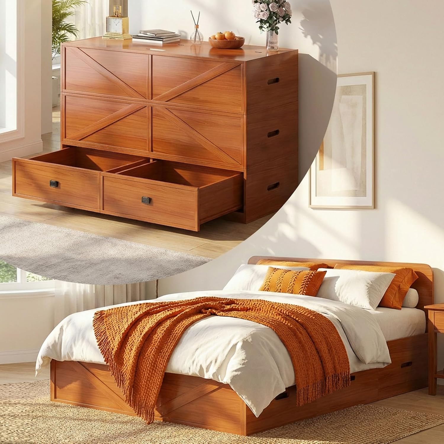 Puremind Full/Queen Size Murphy Bed with Mattress Included, Convertible Wall Bed into Modular Sofa Set for Bedroom/Small Space