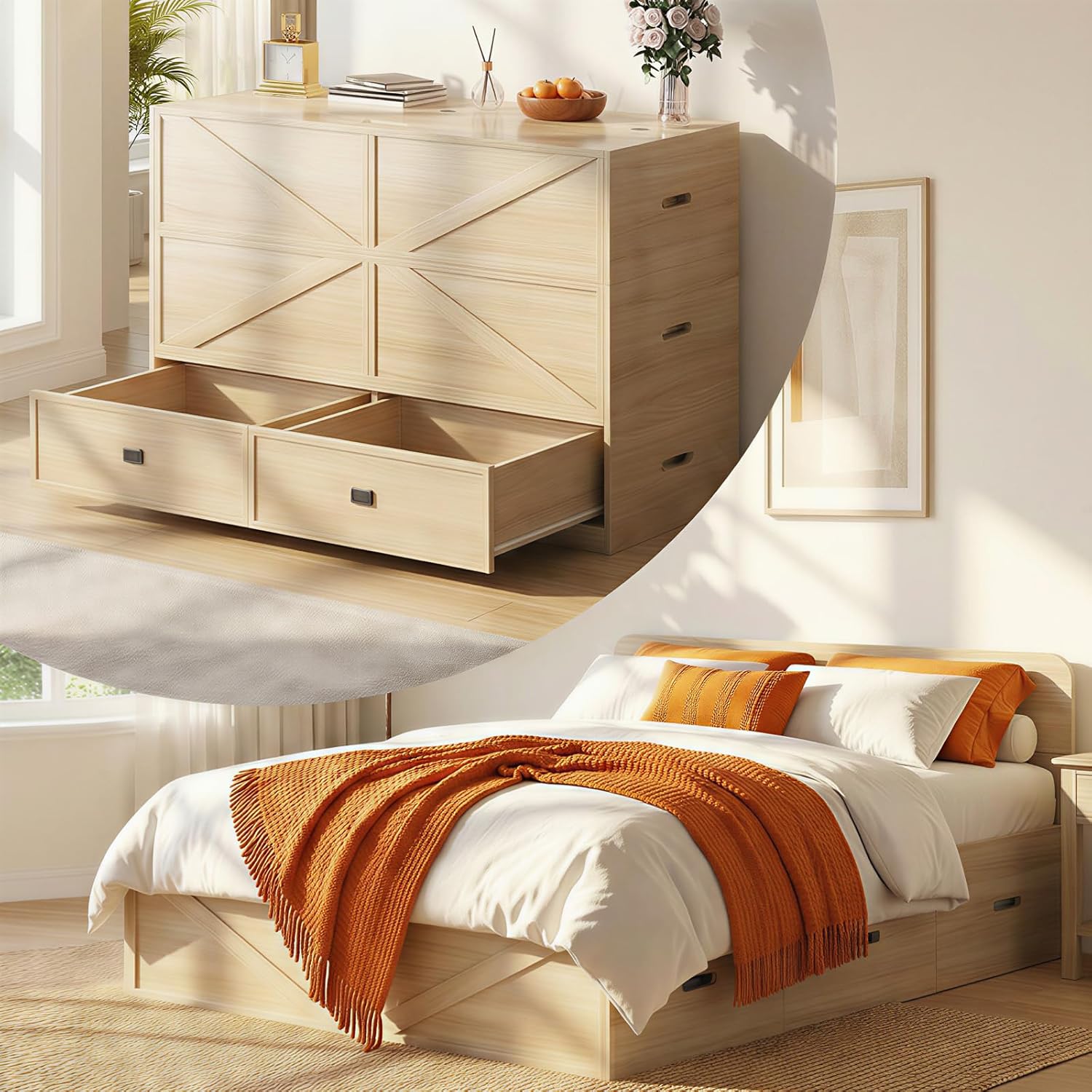 Puremind Full/Queen Size Murphy Bed with Mattress Included, Convertible Wall Bed into Modular Sofa Set for Bedroom/Small Space