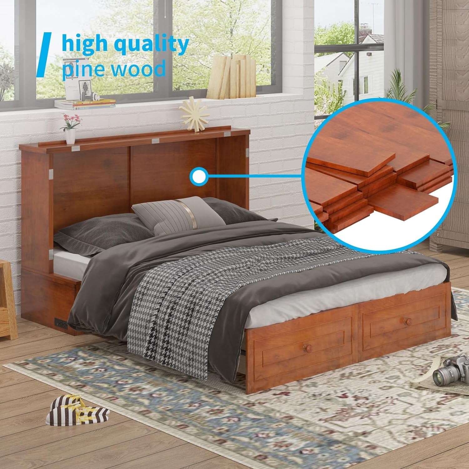 MUZZ Queen Size Murphy Bed, Guest Room Cabinet Bed with USB & Charging Station and Large Drawer for Apartment