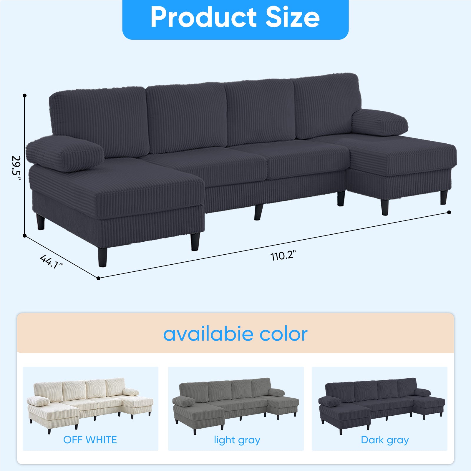 Puremind 110" U Shaped Sofa, Modern Sectional Couch for Living Room/Apartment, Plush Corduroy Sofa