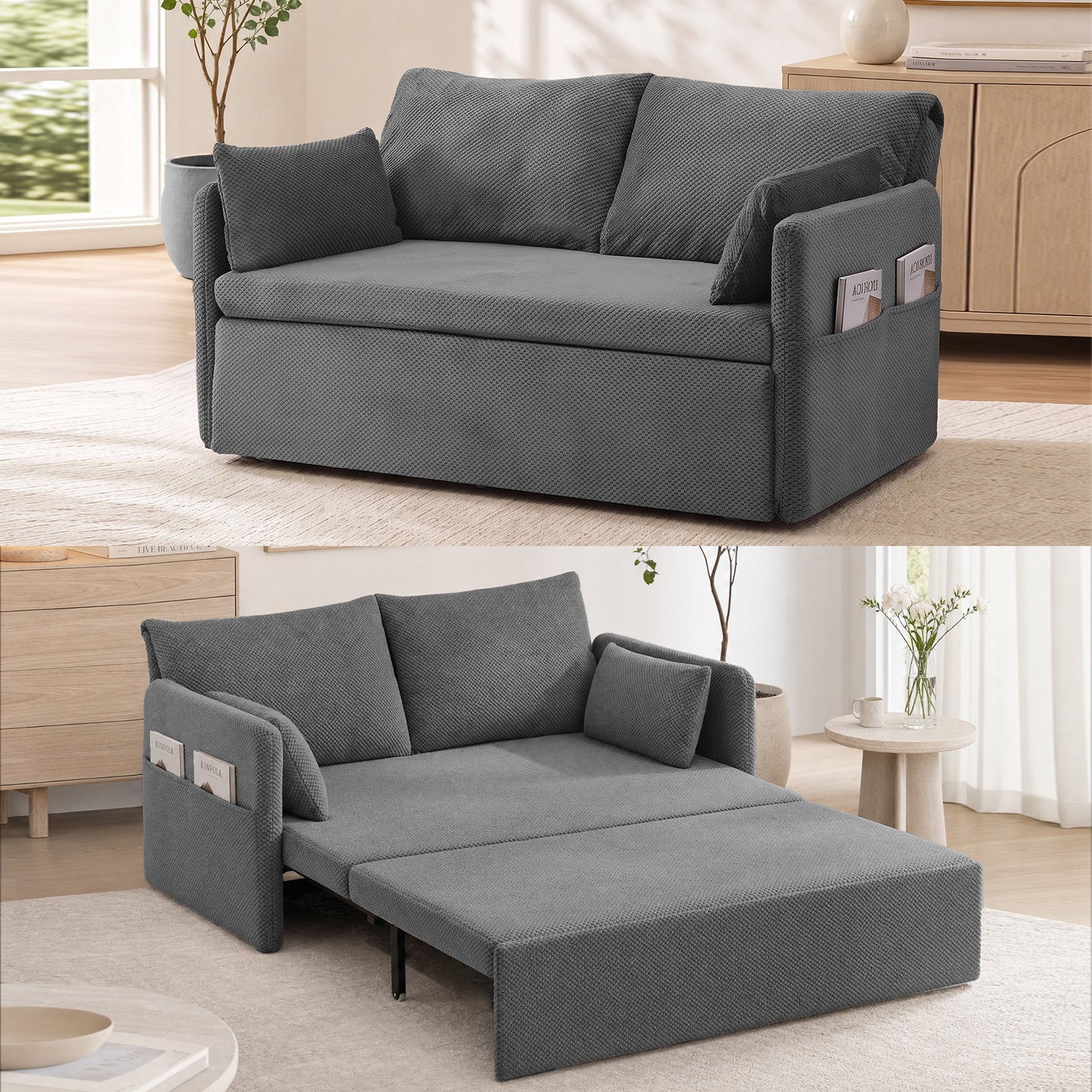 Puremind 66.5" Queen Pull Out Couch Bed with Adjustable Backrest, Bubble Fleece Convertible Sofa Bed with Side Pockets for Living Room/Apartment