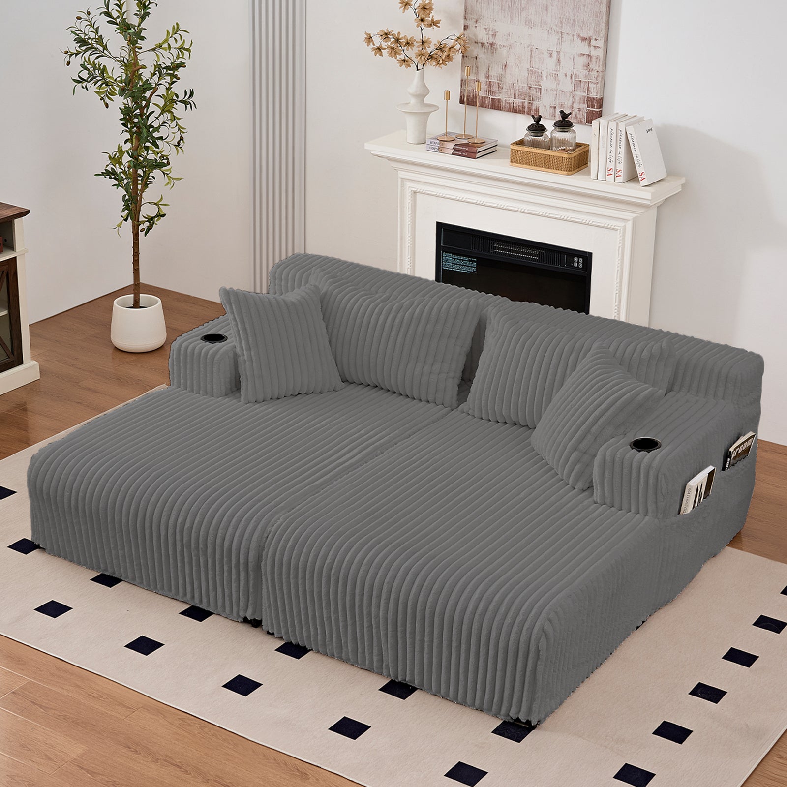 Puremind 85“W Double Chaise Lounge Chair Indoor, Oversized Sectional Corduroy Sofa Bed, Deep Seat Sleeper Loveseat, Cloud Sofa for Living Room/Apartment