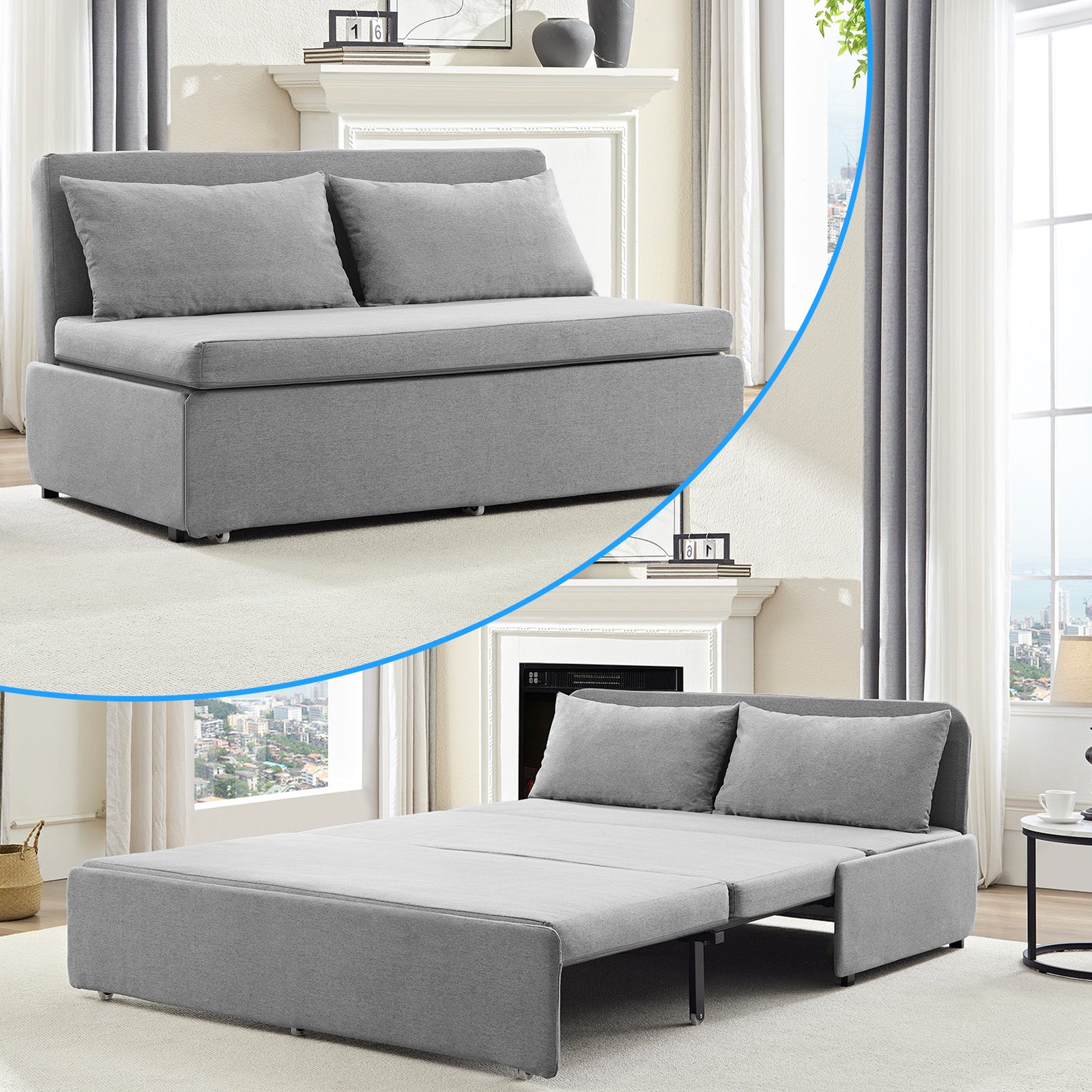 Puremind 3 in 1 Pull Out Sofa Bed, Queen Size Convertible Sleeper Sofa, Corduroy Loveseat Couch Bed with Pillows for Living Room/Apartment