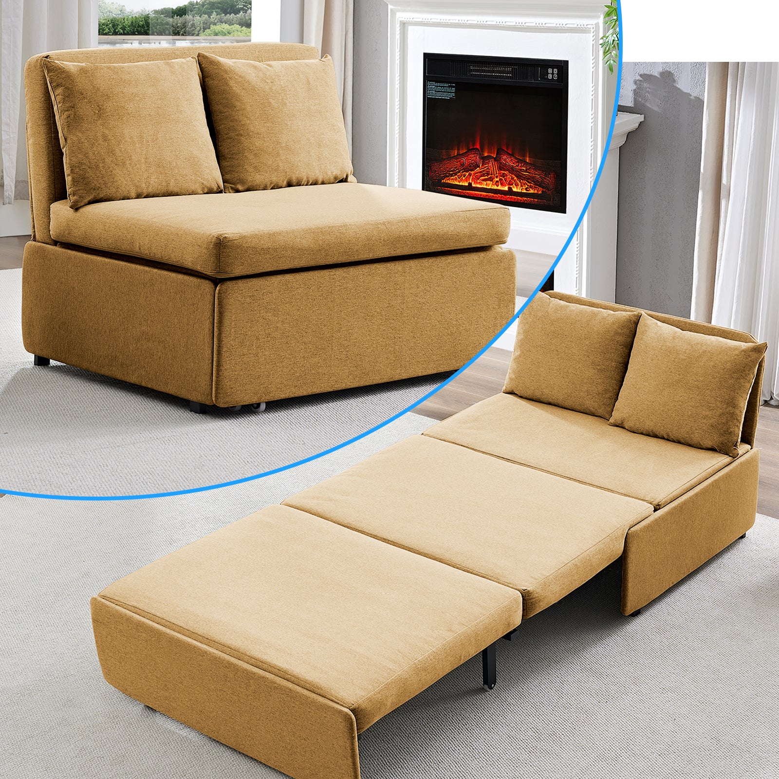 Puremind 3 in 1 Pull Out Sofa Bed, Queen Size Convertible Sleeper Sofa, Corduroy Loveseat Couch Bed with Pillows for Living Room/Apartment