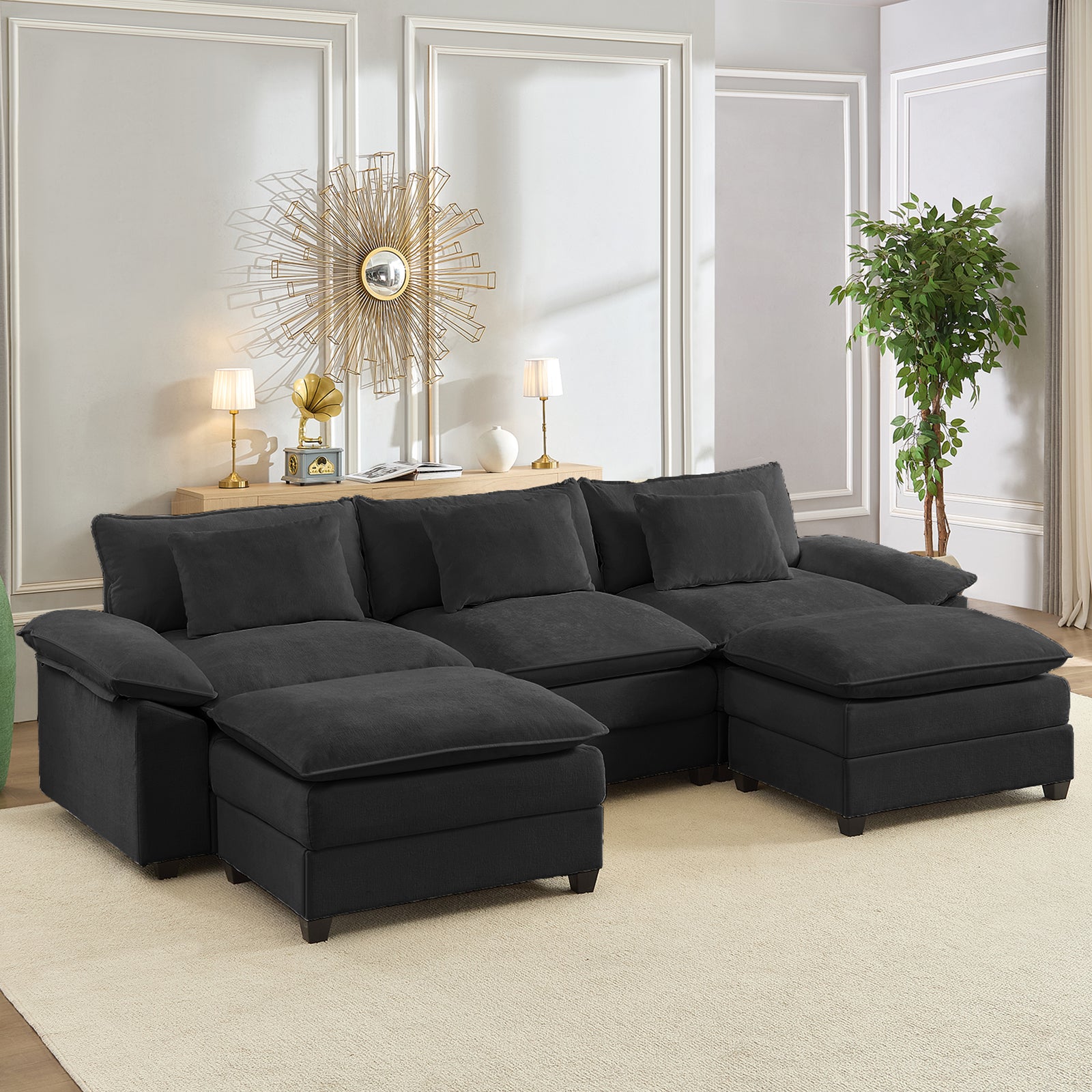 Puremind 118" Oversized Modular Sectional Sofa, Chenille U Shaped Cloud Couch, 30" Deep Seat Couch with Movable Ottomans for Living Room/Apartment
