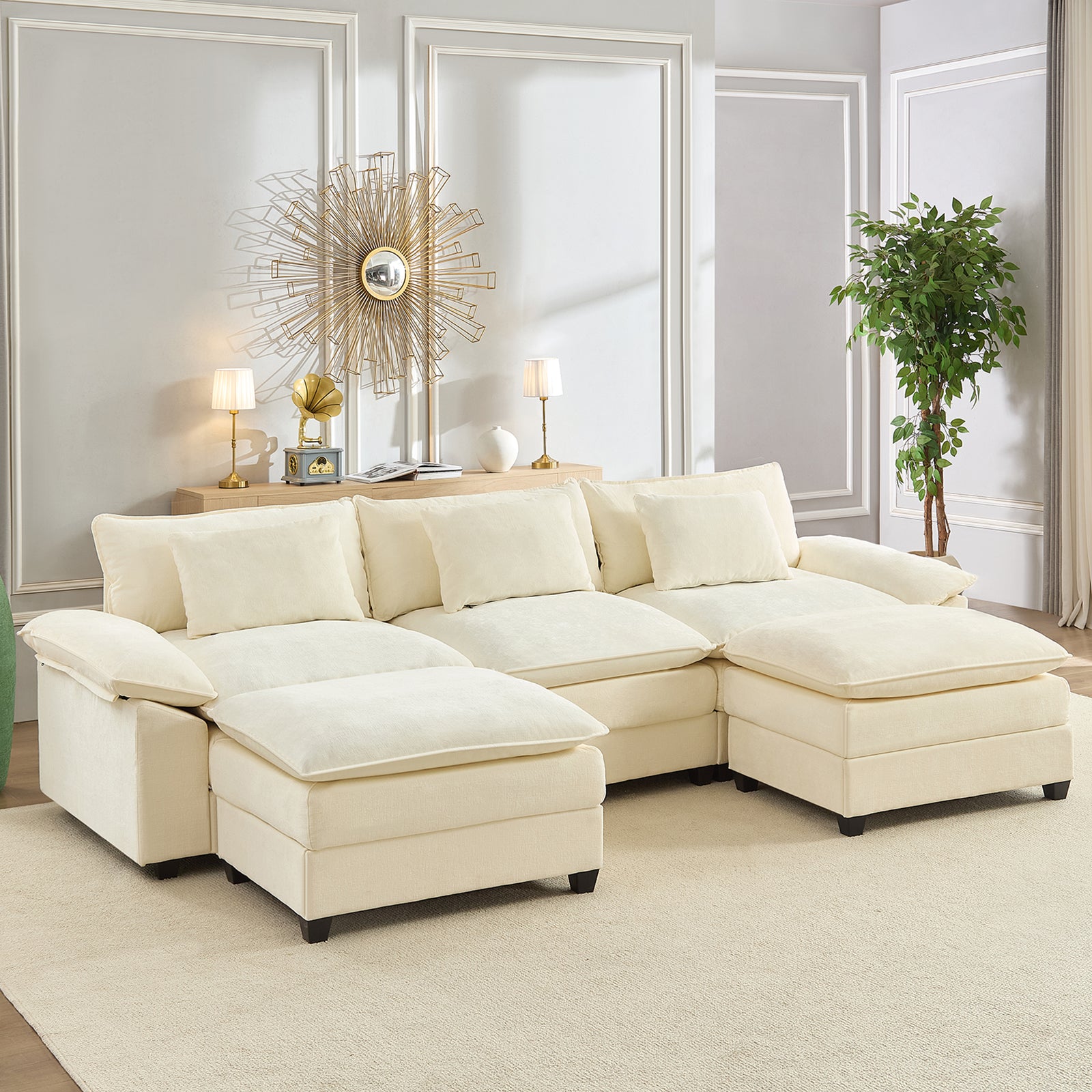 Puremind 118" Oversized Modular Sectional Sofa, Chenille U Shaped Cloud Couch, 30" Deep Seat Couch with Movable Ottomans for Living Room/Apartment