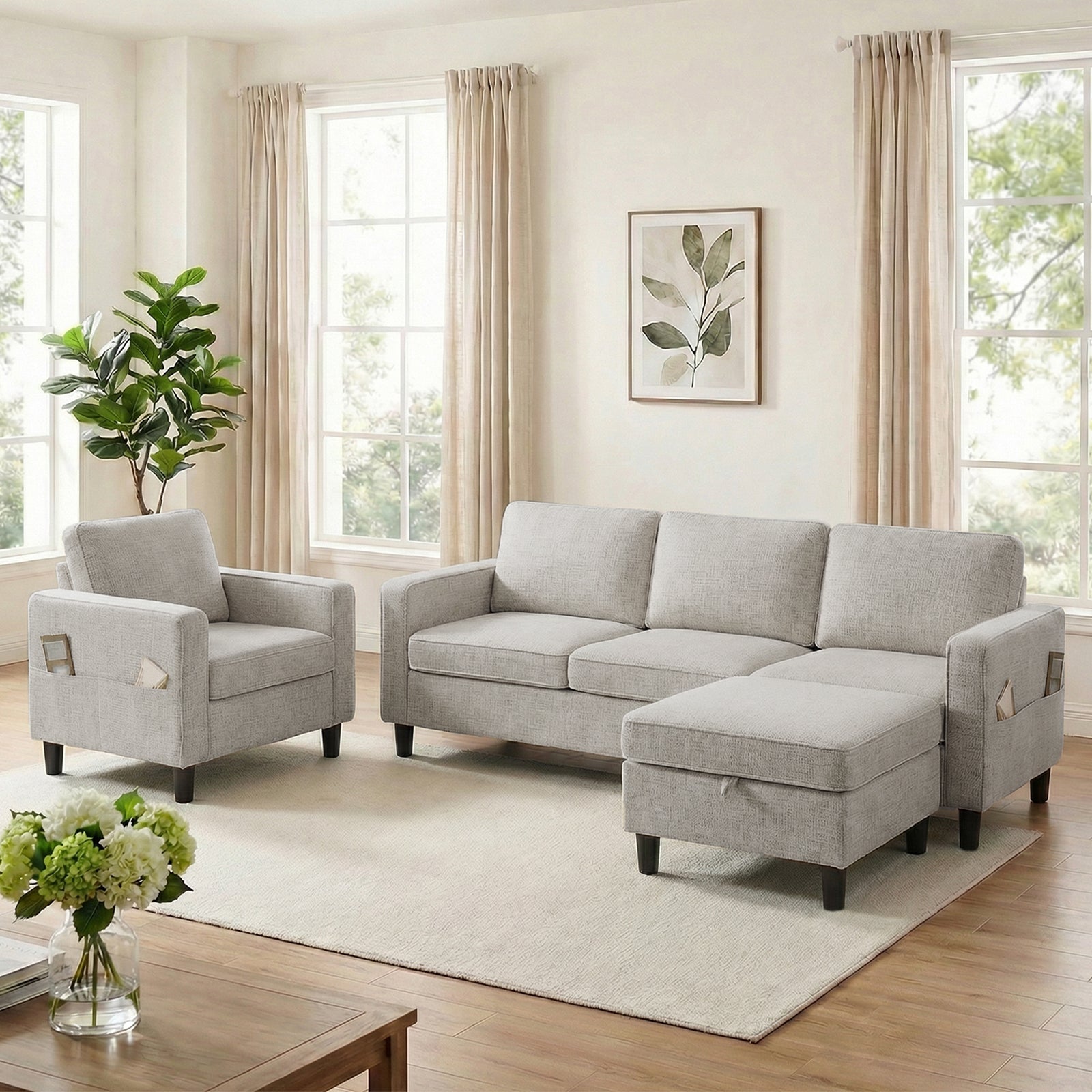 Puremind Sofa Set with Storage Ottoman, Living Room Furniture Sets, Linen Sectional Couch Sets for Living Room/Apartment