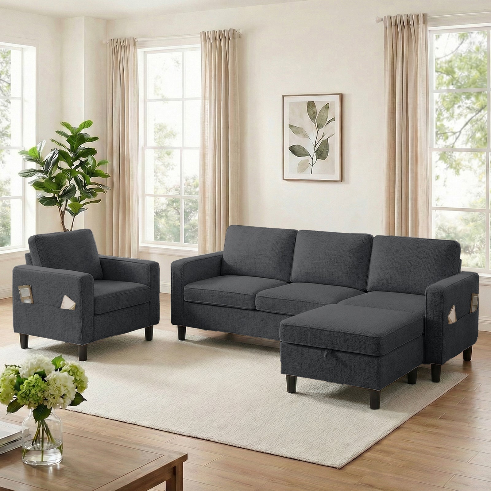 Puremind Sofa Set with Storage Ottoman, Living Room Furniture Sets, Linen Sectional Couch Sets for Living Room/Apartment