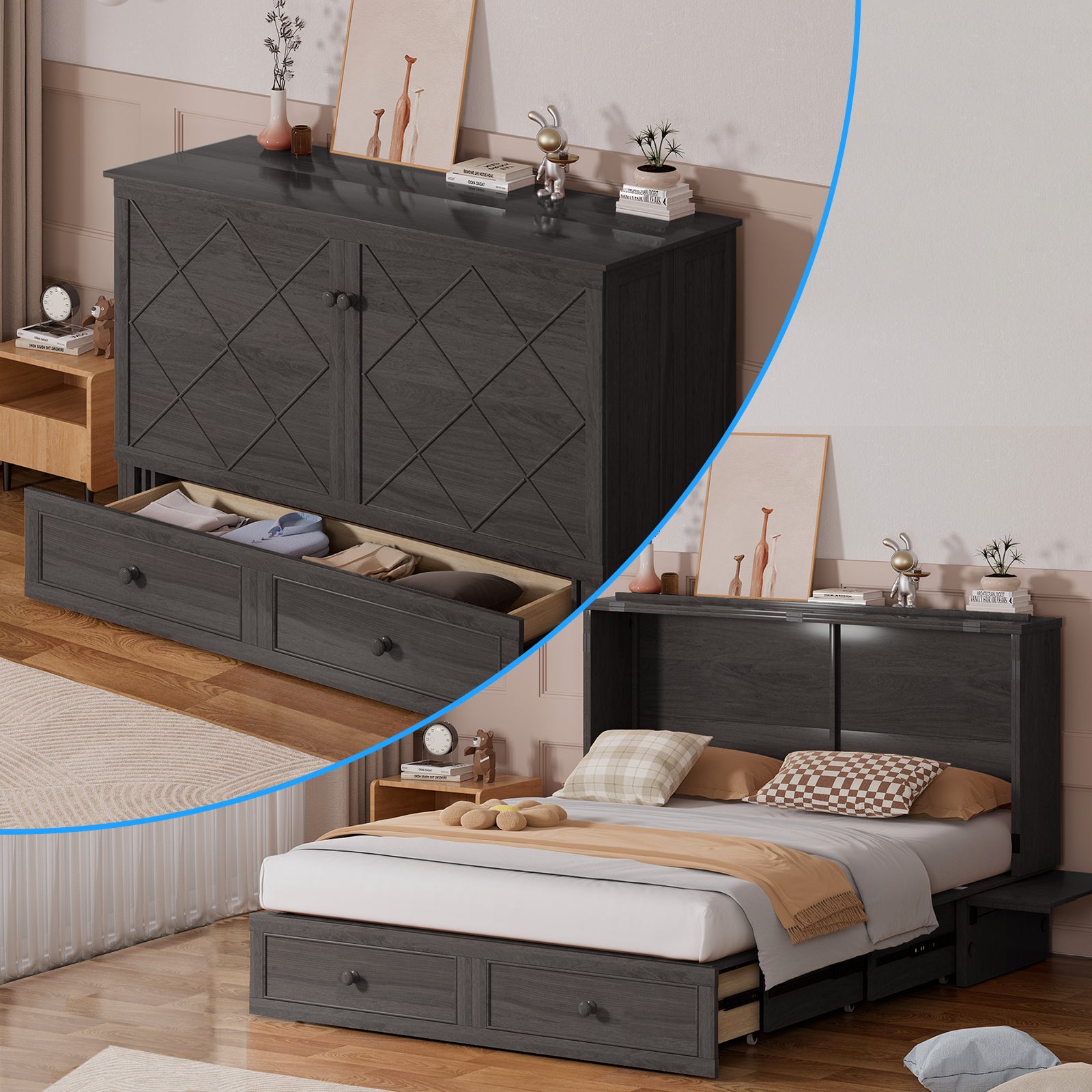 Puremind Queen Size Murphy Bed with Mattress, Murphy Cube Cabinet Bed with USB Charging Station and Large Storage Drawer, Murphy Chest Bed for Small Guest Room/Home/Office