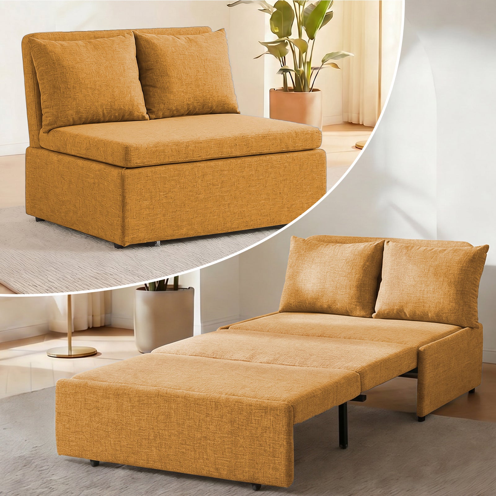 Puremind 3 in 1 Pull Out Sofa Bed, Queen Size Convertible Sleeper Sofa, Corduroy Loveseat Couch Bed with Pillows for Living Room/Apartment